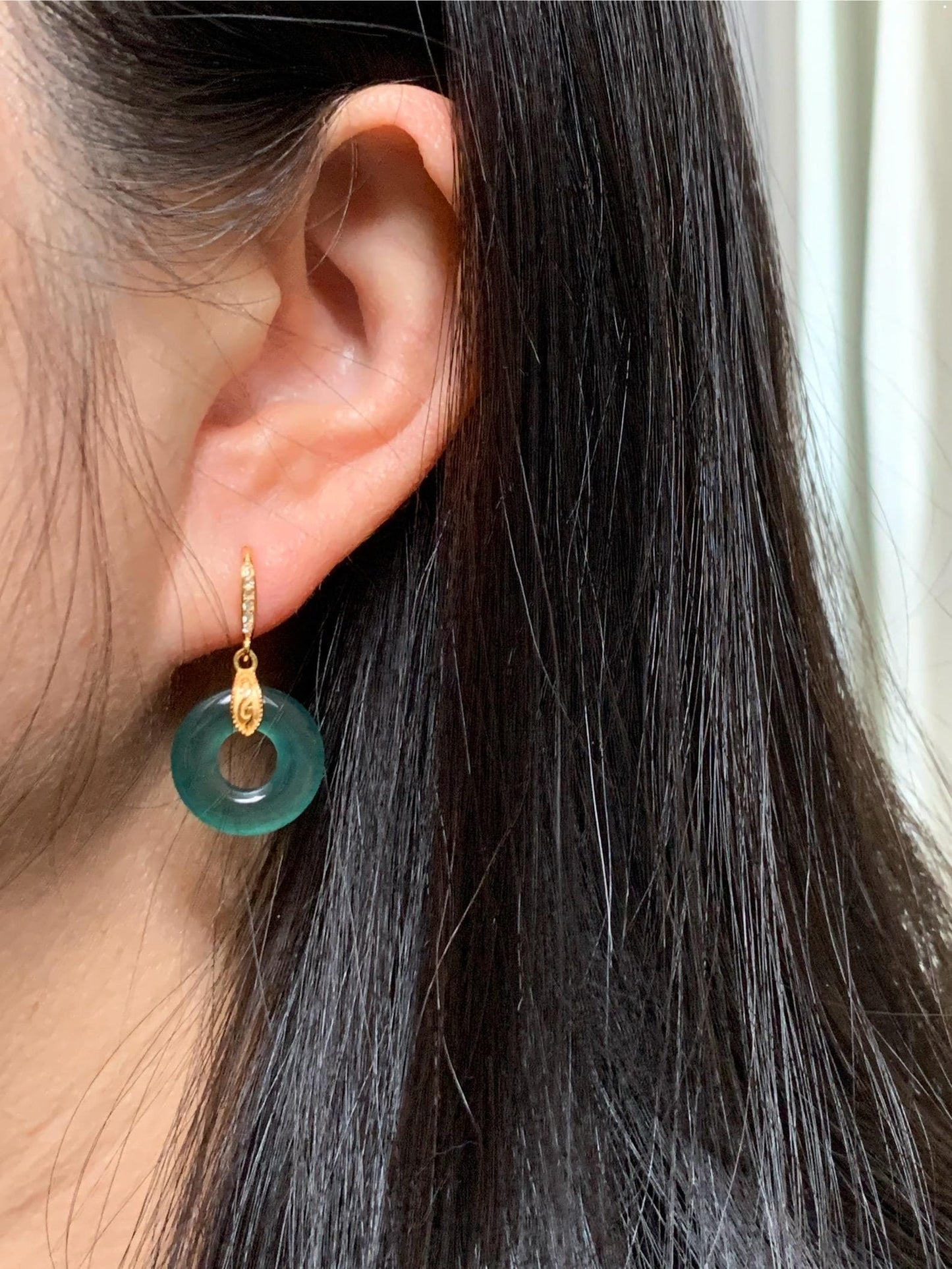 Natural Grade A Guatemalan Icy Translucent Teal Green Jade Jadeite Ping An Kou Donut Dangle Earrings Sterling Silver 天然冰危深蓝绿翡翠平安扣耳钩 LUYA