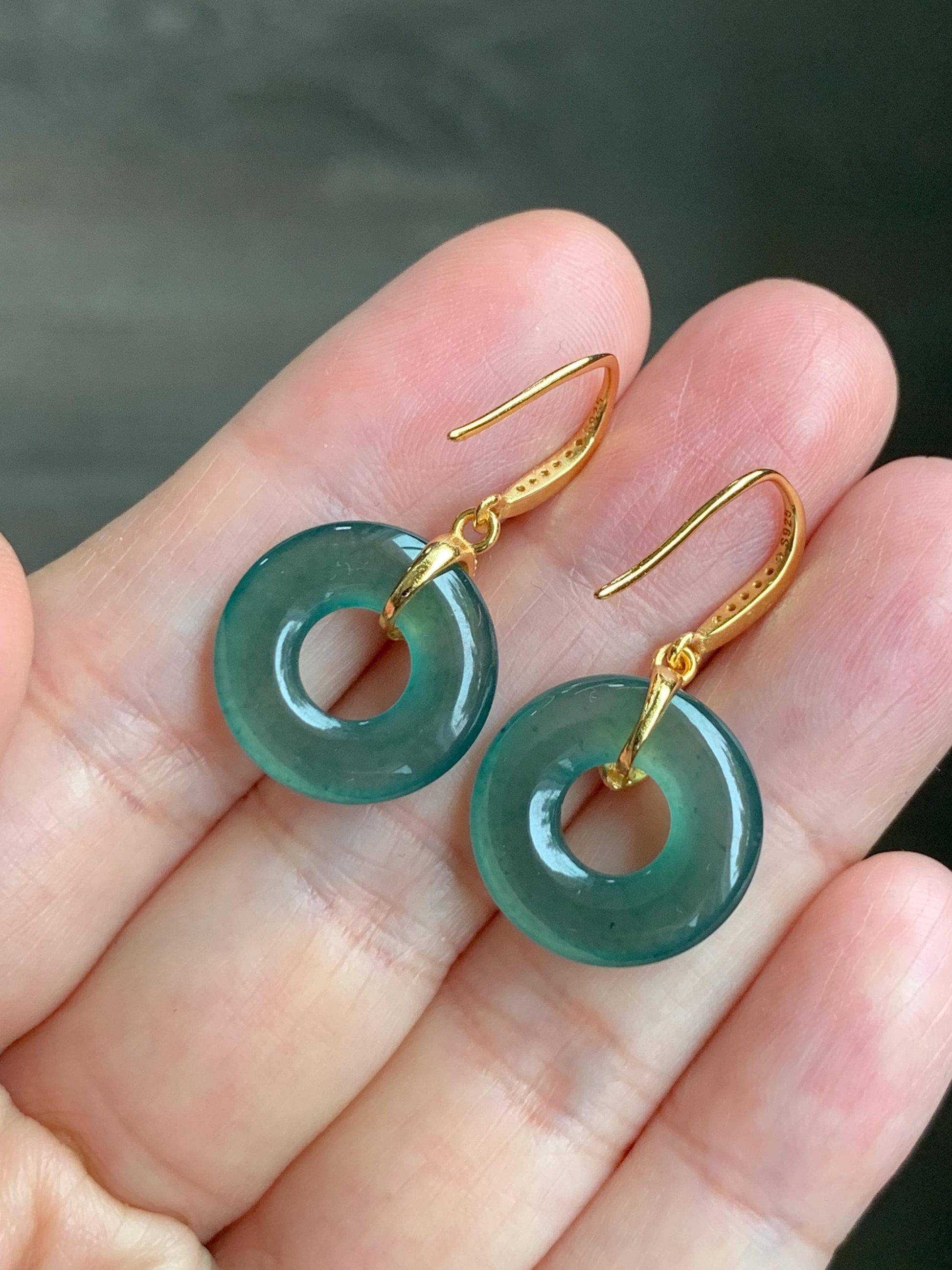 Natural Grade A Guatemalan Icy Translucent Teal Green Jade Jadeite Ping An Kou Donut Dangle Earrings Sterling Silver 天然冰危深蓝绿翡翠平安扣耳钩 LUYA