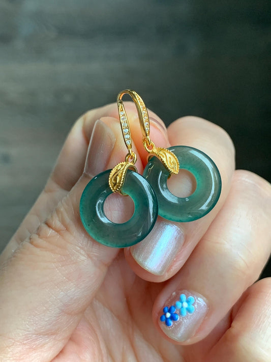 Natural Grade A Guatemalan Icy Translucent Teal Green Jade Jadeite Ping An Kou Donut Dangle Earrings Sterling Silver 天然冰危深蓝绿翡翠平安扣耳钩 LUYA
