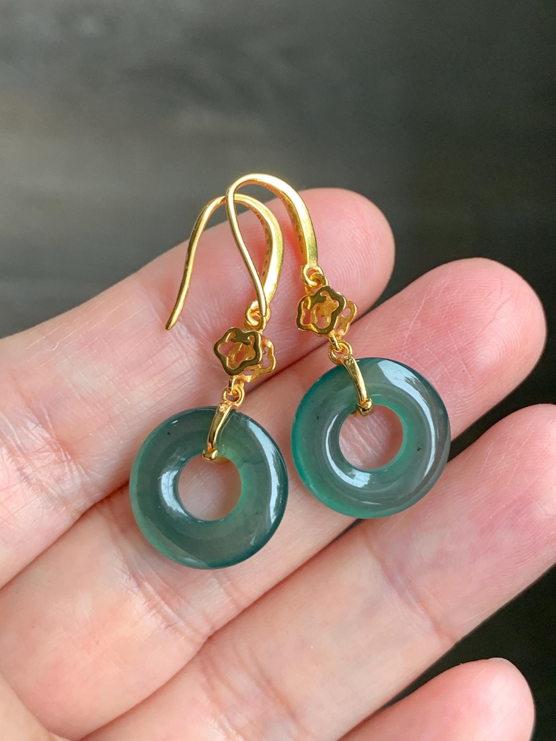 Natural Grade A Guatemalan Icy Translucent Teal Green Jade Jadeite Ping An Kou Donut Dangle Earrings Sterling Silver 天然冰危深蓝绿翡翠平安扣耳钩 LUYB