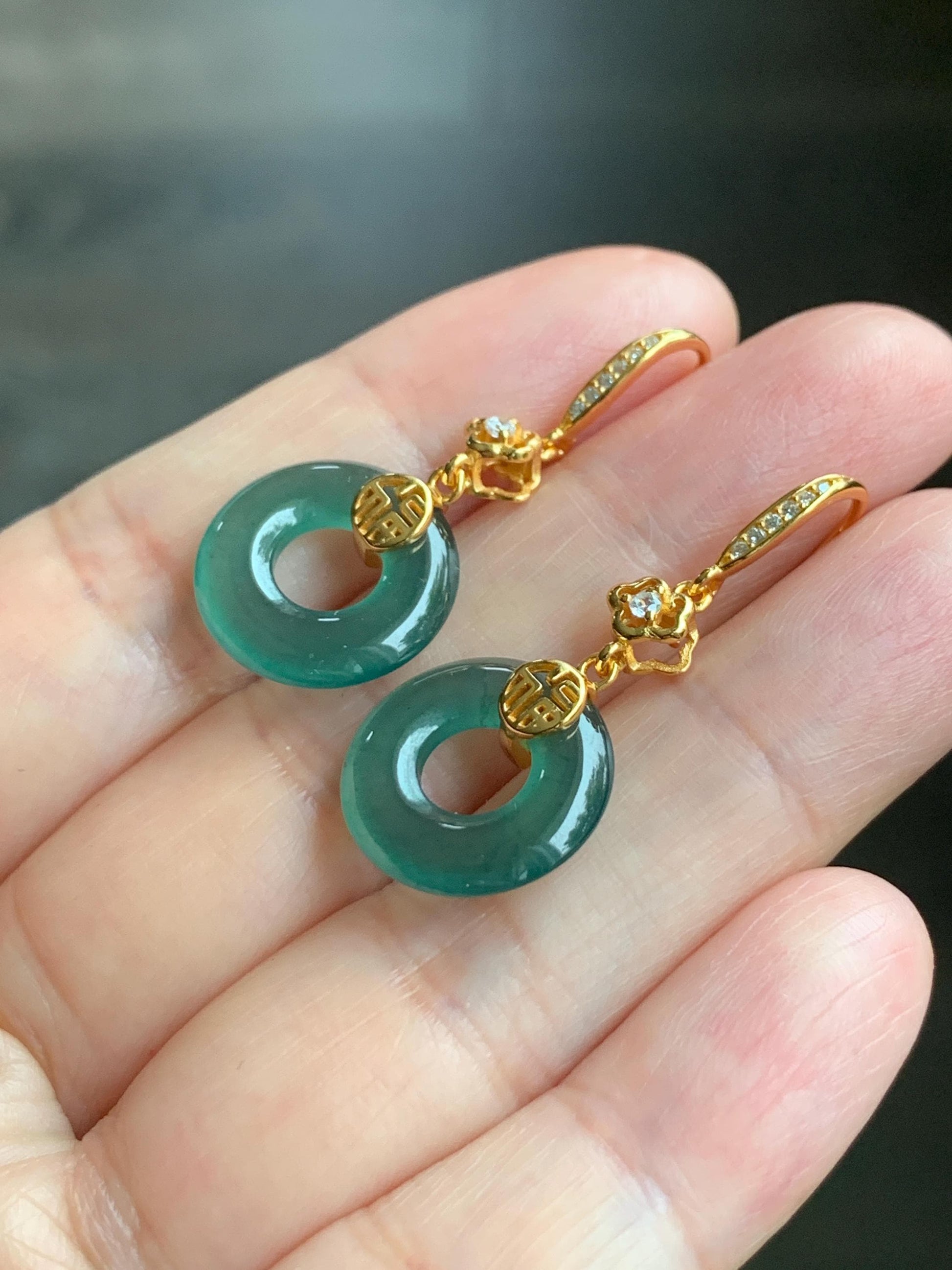 Natural Grade A Guatemalan Icy Translucent Teal Green Jade Jadeite Ping An Kou Donut Dangle Earrings Sterling Silver 天然冰危深蓝绿翡翠平安扣耳钩 LUYB