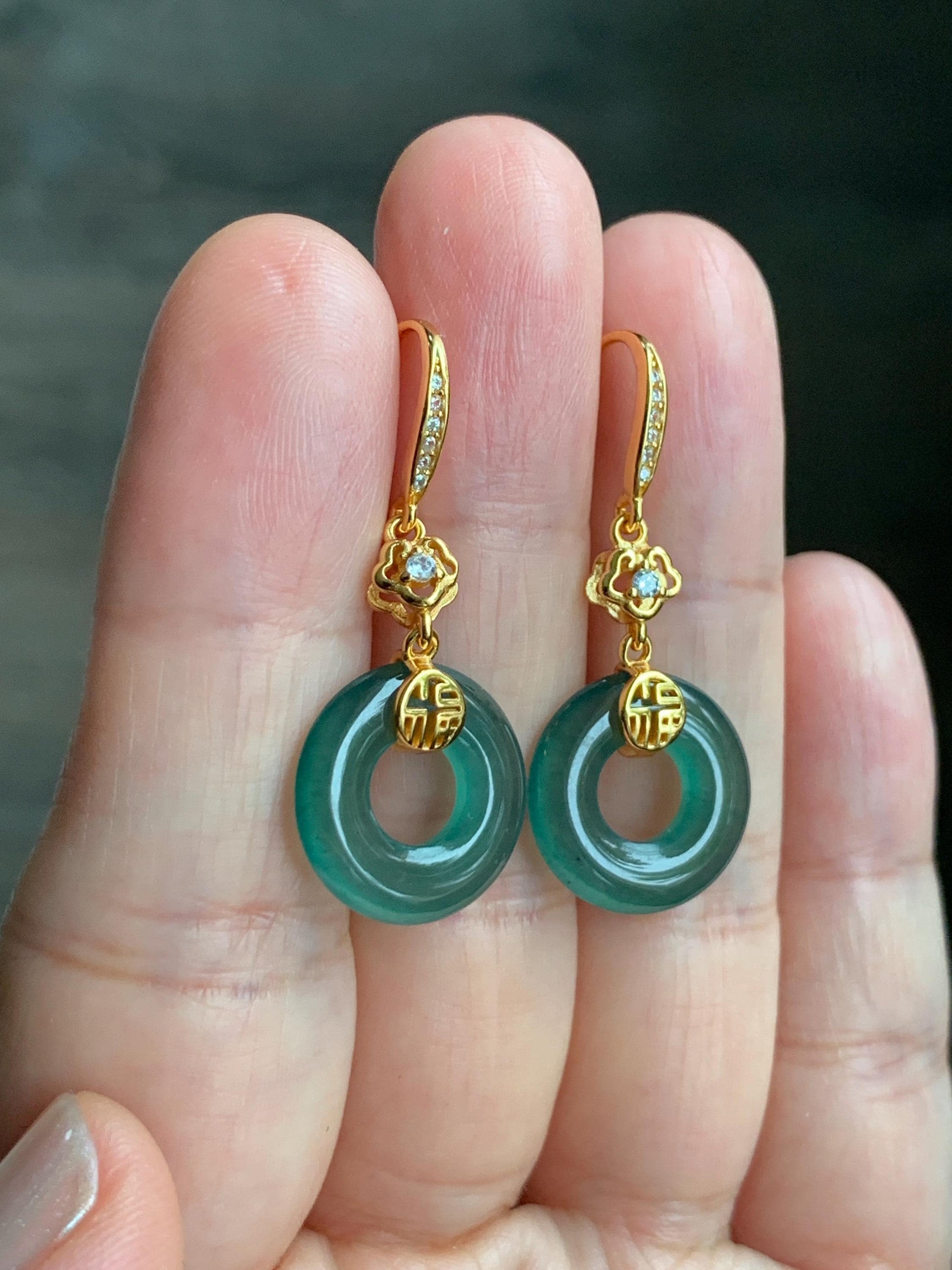 Natural Grade A Guatemalan Icy Translucent Teal Green Jade Jadeite Ping An Kou Donut Dangle Earrings Sterling Silver 天然冰危深蓝绿翡翠平安扣耳钩 LUYB