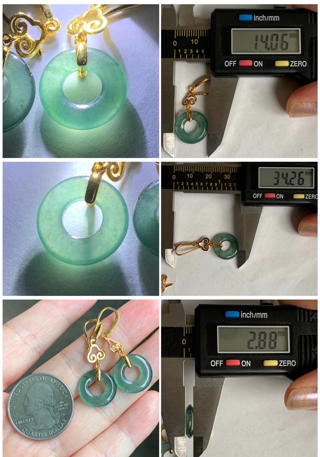 Natural Grade A Guatemalan Icy Translucent Teal Green Jade Jadeite Ping An Kou Donut Dangle Earrings Sterling Silver 天然冰危深蓝绿翡翠平安扣耳钩 LRK-A