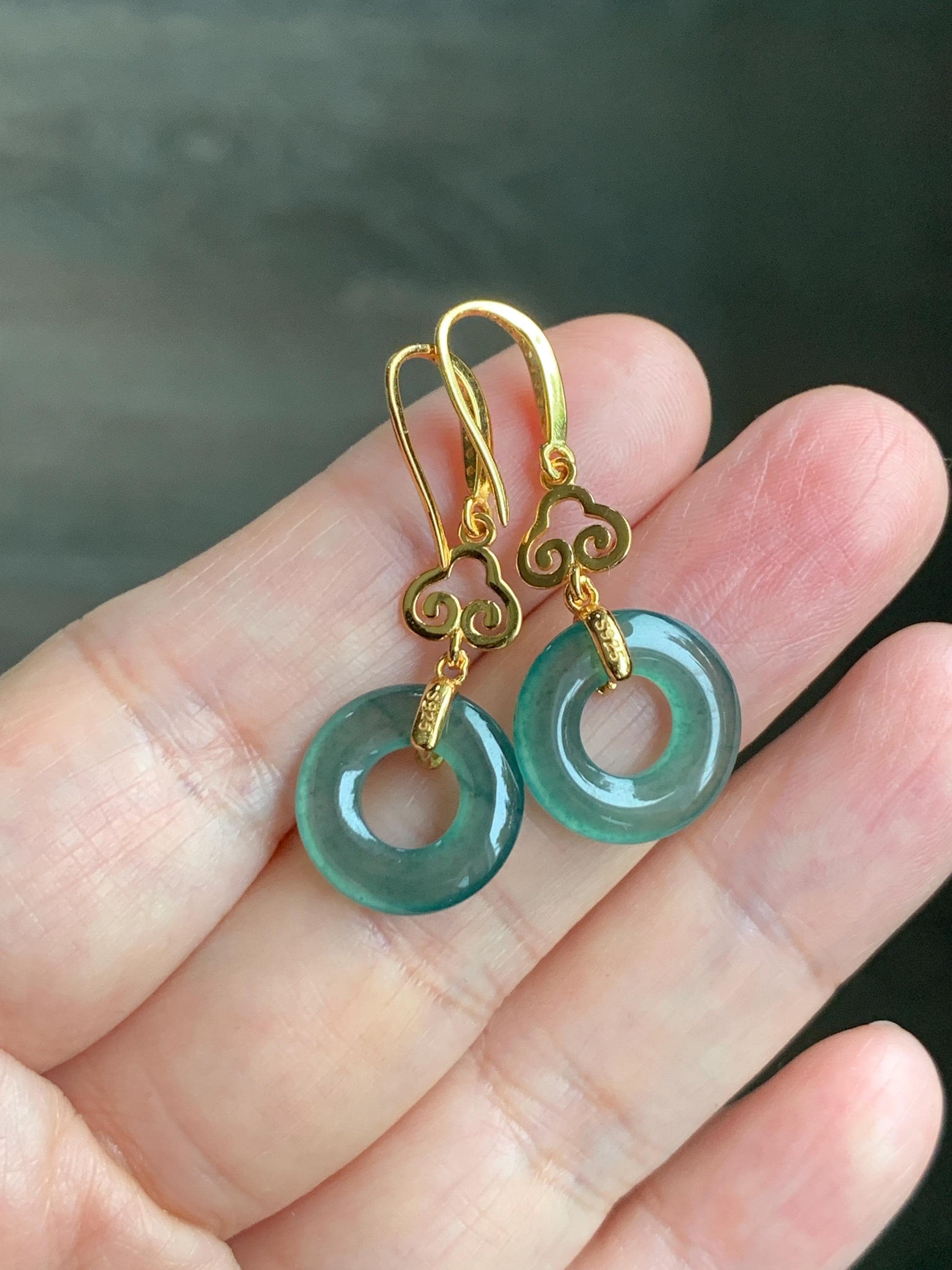 Natural Grade A Guatemalan Icy Translucent Teal Green Jade Jadeite Ping An Kou Donut Dangle Earrings Sterling Silver 天然冰危深蓝绿翡翠平安扣耳钩 LRK-A