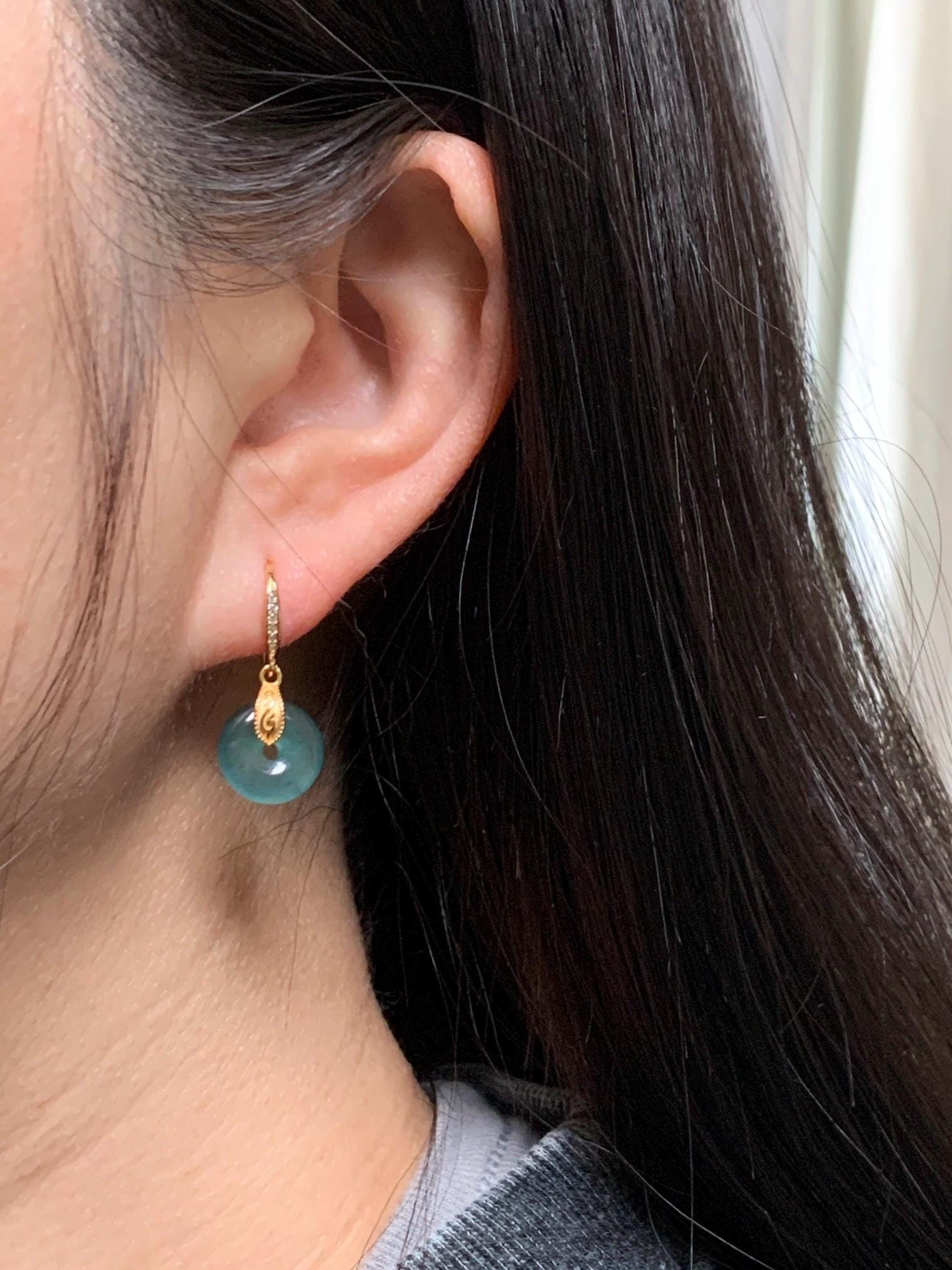 Natural Grade A Guatemalan Icy Translucent Teal Green Jade Jadeite Ping An Kou Donut Dangle Earrings Sterling Silver 天然冰危深蓝绿翡翠平安扣耳钩 LRK-B