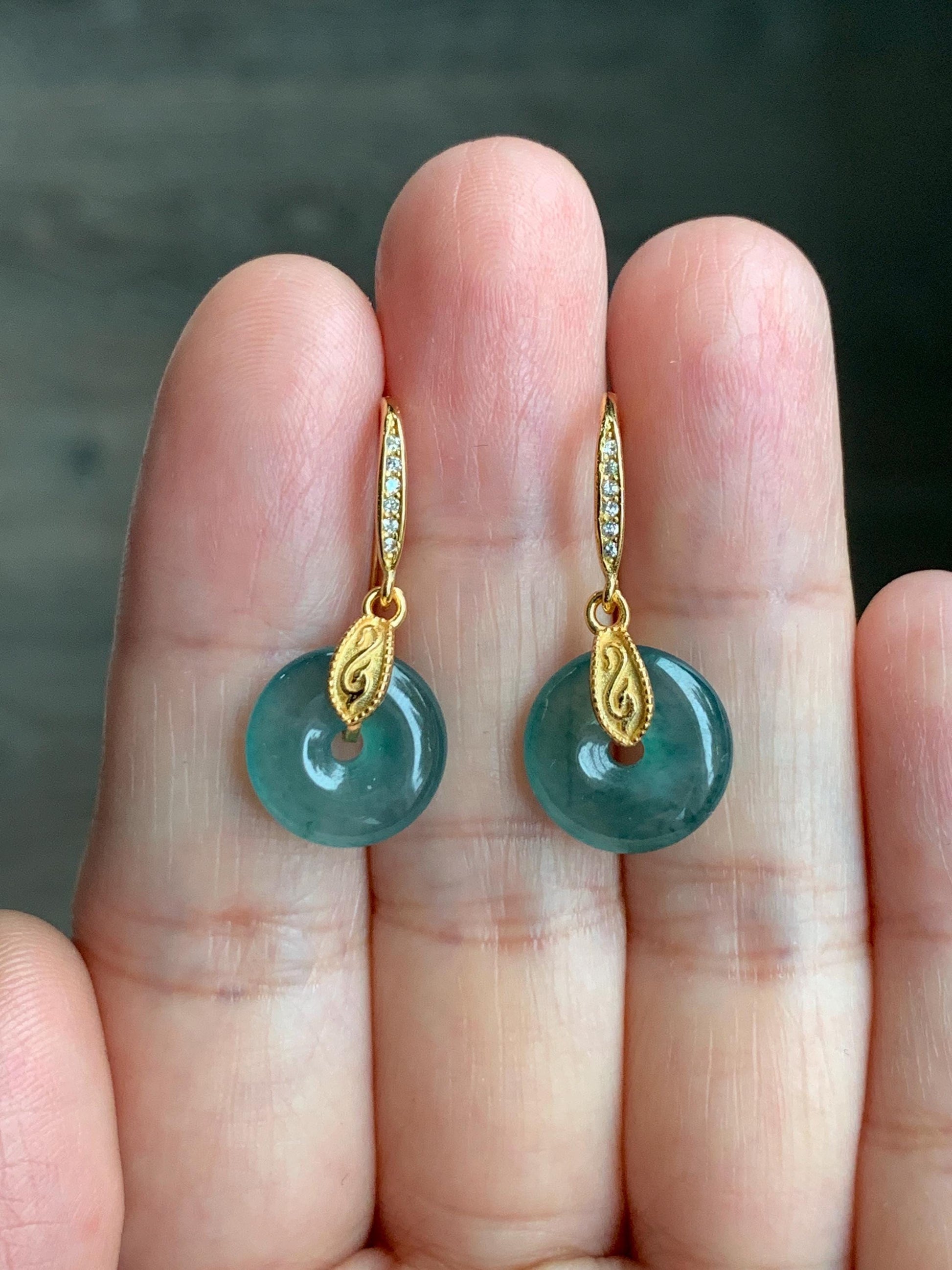 Natural Grade A Guatemalan Icy Translucent Teal Green Jade Jadeite Ping An Kou Donut Dangle Earrings Sterling Silver 天然冰危深蓝绿翡翠平安扣耳钩 LRK-B