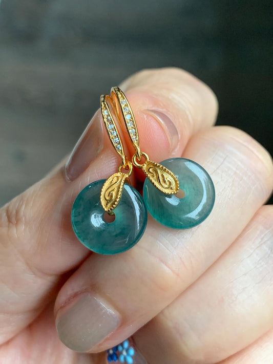 Natural Grade A Guatemalan Icy Translucent Teal Green Jade Jadeite Ping An Kou Donut Dangle Earrings Sterling Silver 天然冰危深蓝绿翡翠平安扣耳钩 LRK-B