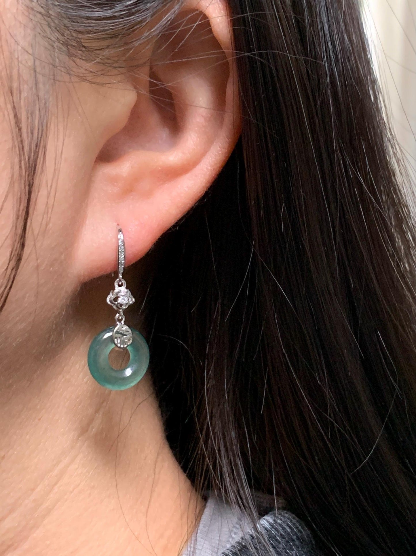 Natural Grade A Guatemalan Icy Translucent Teal Green Jade Jadeite Ping An Kou Donut Dangle Earrings Sterling Silver 天然冰危深蓝绿翡翠平安扣耳钩 LRK-D