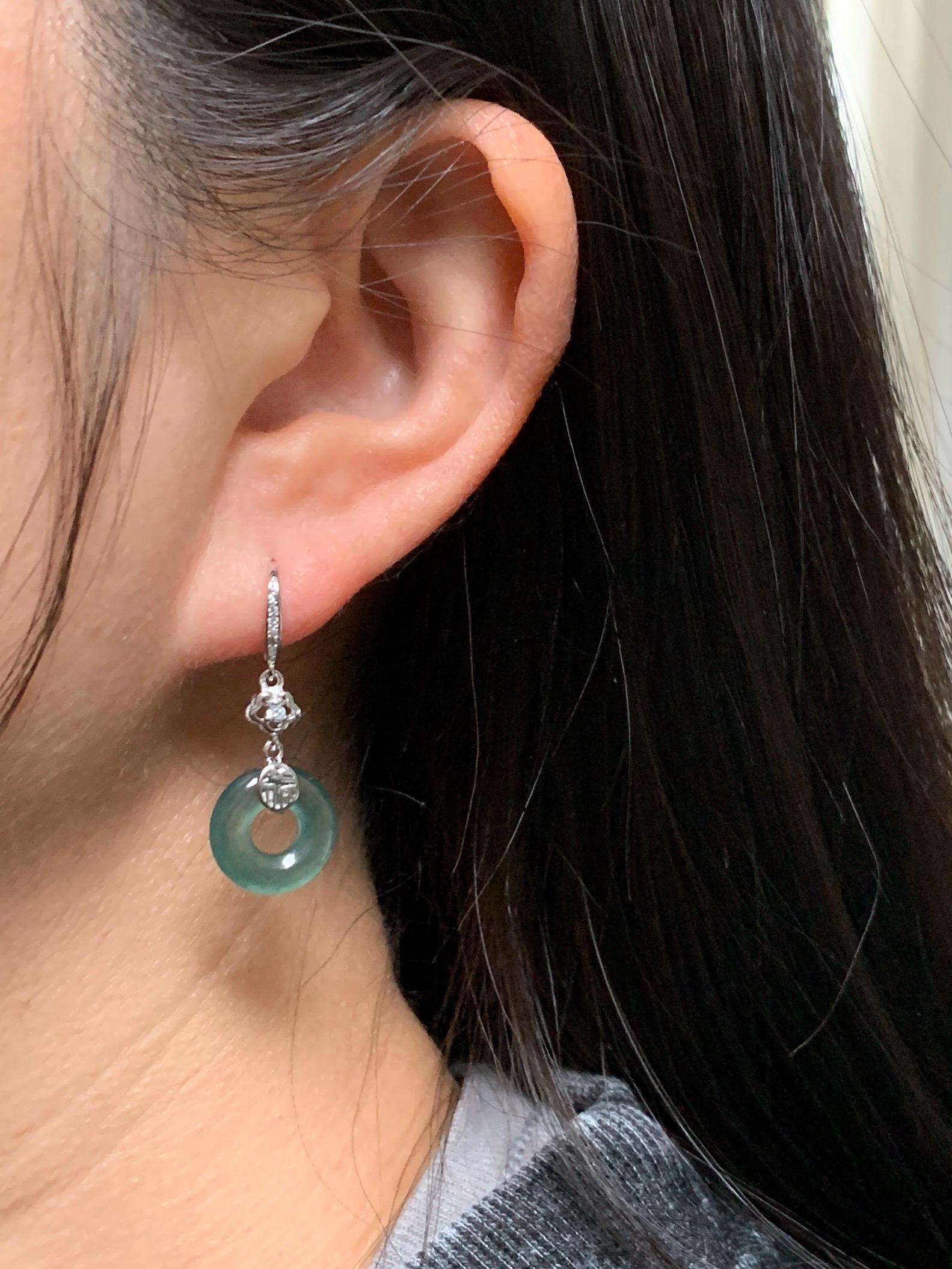 Natural Grade A Guatemalan Icy Translucent Teal Green Jade Jadeite Ping An Kou Donut Dangle Earrings Sterling Silver 天然冰危深蓝绿翡翠平安扣耳钩 LRK-D