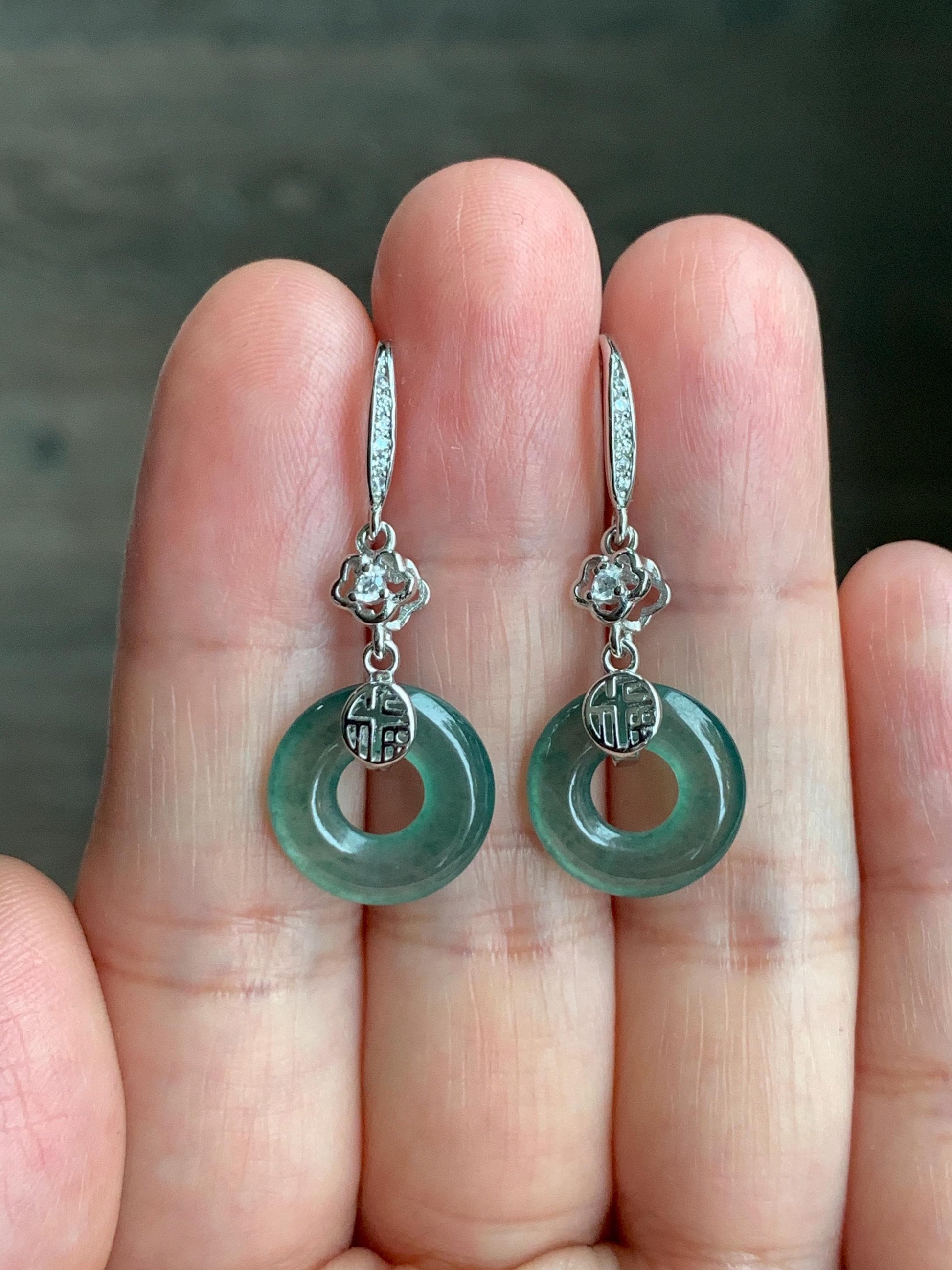 Natural Grade A Guatemalan Icy Translucent Teal Green Jade Jadeite Ping An Kou Donut Dangle Earrings Sterling Silver 天然冰危深蓝绿翡翠平安扣耳钩 LRK-D