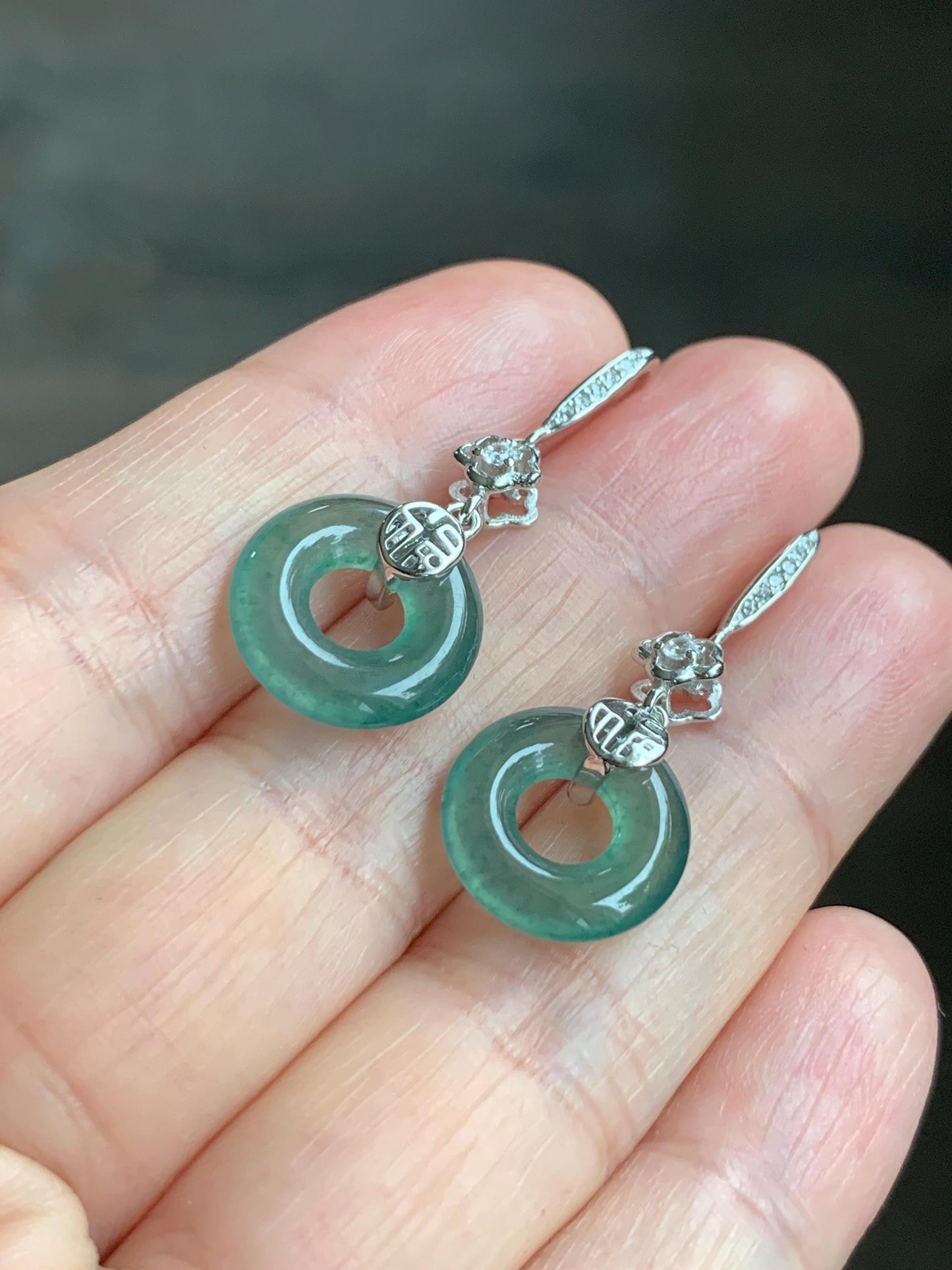 Natural Grade A Guatemalan Icy Translucent Teal Green Jade Jadeite Ping An Kou Donut Dangle Earrings Sterling Silver 天然冰危深蓝绿翡翠平安扣耳钩 LRK-D