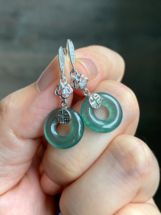 Natural Grade A Guatemalan Icy Translucent Teal Green Jade Jadeite Ping An Kou Donut Dangle Earrings Sterling Silver 天然冰危深蓝绿翡翠平安扣耳钩 LRK-D