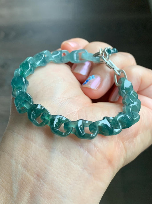 Certified Natural Guatemalan Icy Translucent Jadeite Carved Interlocking Dragon Bone Link Bracelet Sterling Silver 7.25” 天然冰胶危起光翡翠龙骨链手链 9959