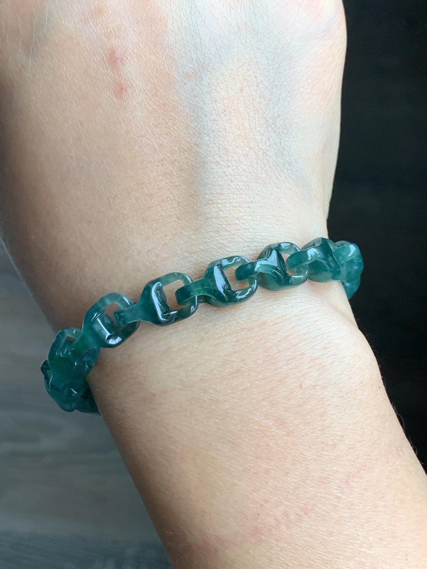 Certified Natural Guatemalan Icy Translucent Jadeite Carved Interlocking Dragon Bone Link Bracelet Sterling Silver 7.25” 天然冰胶危起光翡翠龙骨链手链 9959