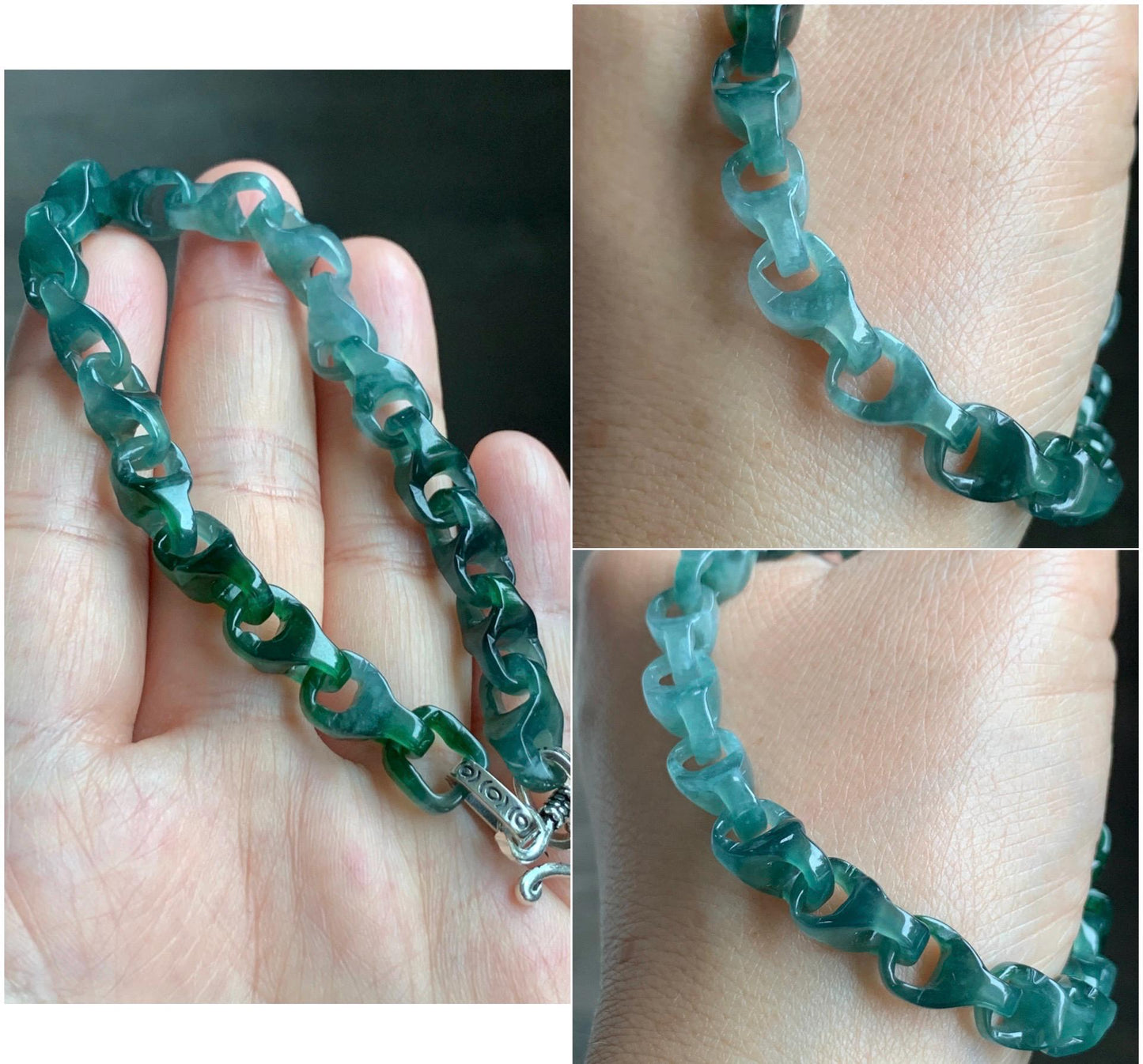 Certified Natural Guatemalan Icy Translucent Jadeite Carved Interlocking Dragon Bone Link Bracelet Sterling Silver 7.5” 天然冰胶危起光翡翠龙骨链手链 9960