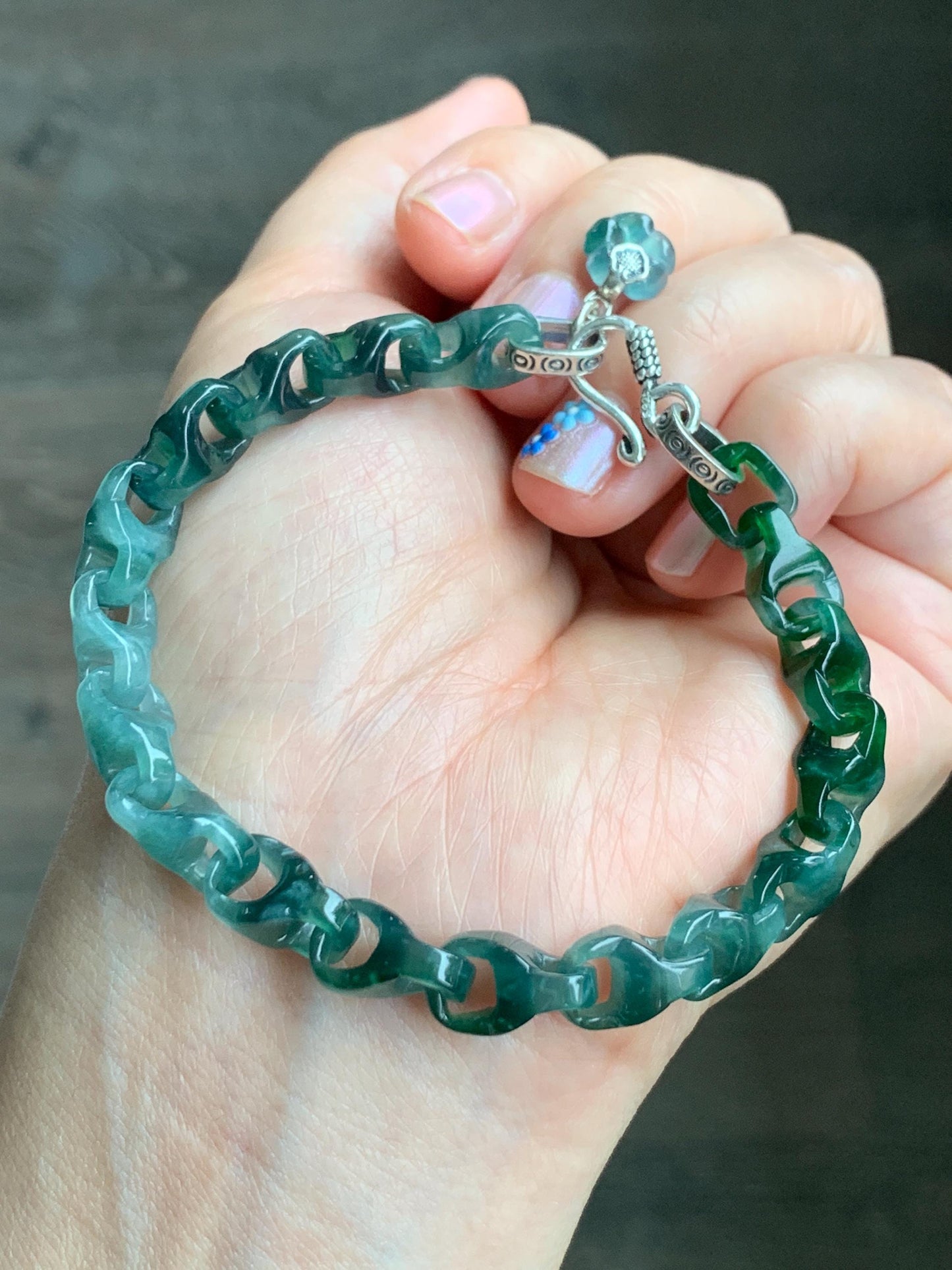Certified Natural Guatemalan Icy Translucent Jadeite Carved Interlocking Dragon Bone Link Bracelet Sterling Silver 7.5” 天然冰胶危起光翡翠龙骨链手链 9960