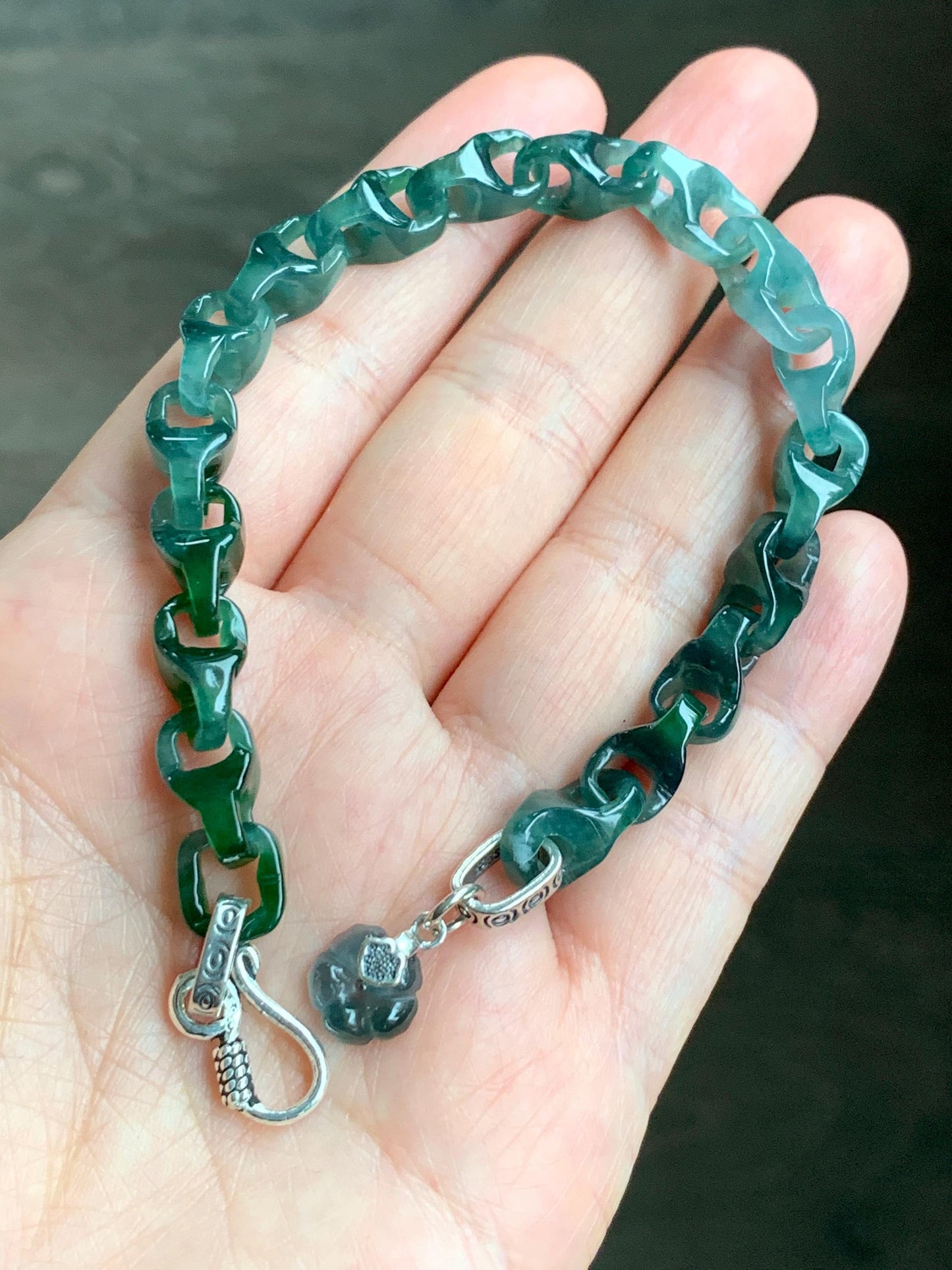 Certified Natural Guatemalan Icy Translucent Jadeite Carved Interlocking Dragon Bone Link Bracelet Sterling Silver 7.5” 天然冰胶危起光翡翠龙骨链手链 9960