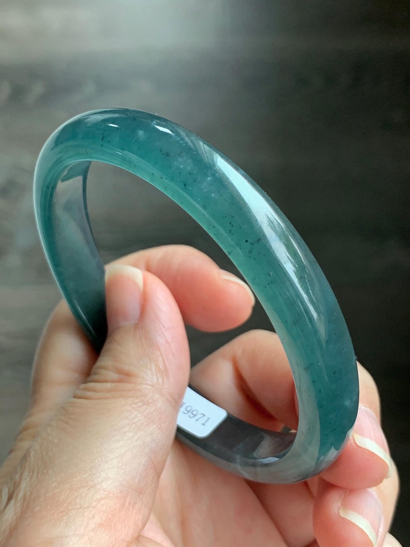 Certified Natural Grade A Guatemalan Icy Translucent Gelatinous Dusty Teal Blue Jadeite Bangle Bracelet 59.6mm 40.29g 天然老种冰胶危蓝绿翡翠正圈手镯 9971