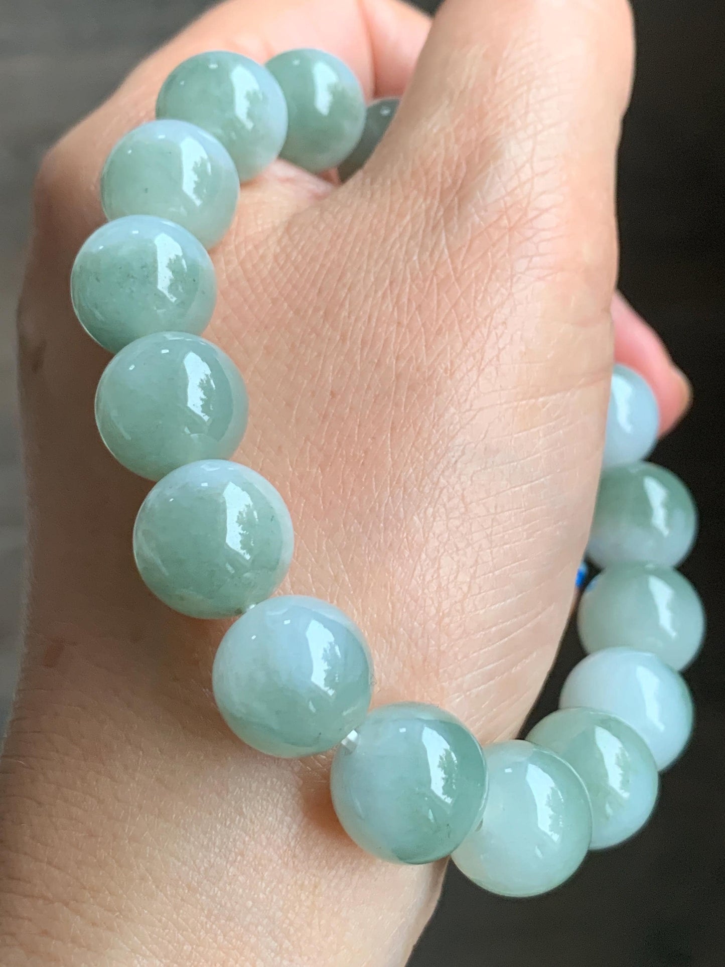 Large Natural Grade A Icy Translucent Bicolored Jadeite Round Beads Mala Beaded Bracelet Stretchy 12.8mm 8” 62g 天然冰白加淡橄榄绿鸳鸯翡翠手串 BSB300