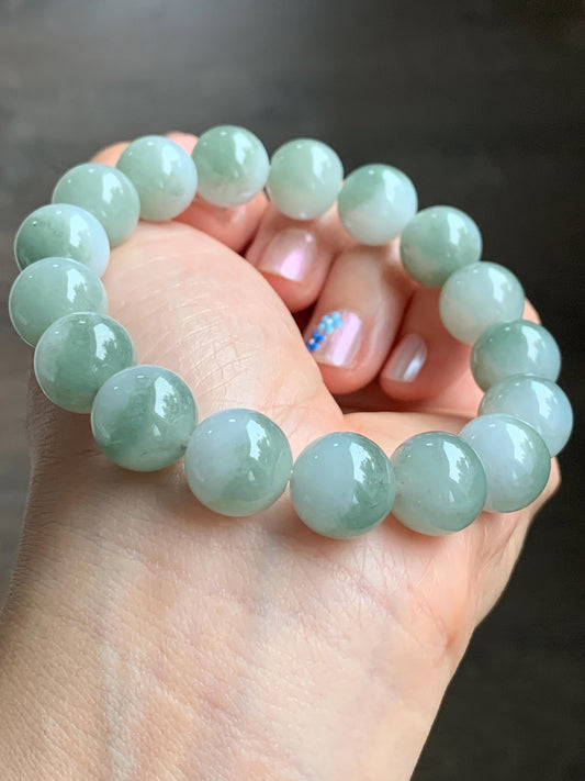 Large Natural Grade A Icy Translucent Bicolored Jadeite Round Beads Mala Beaded Bracelet Stretchy 12.8mm 8” 62g 天然冰白加淡橄榄绿鸳鸯翡翠手串 BSB300