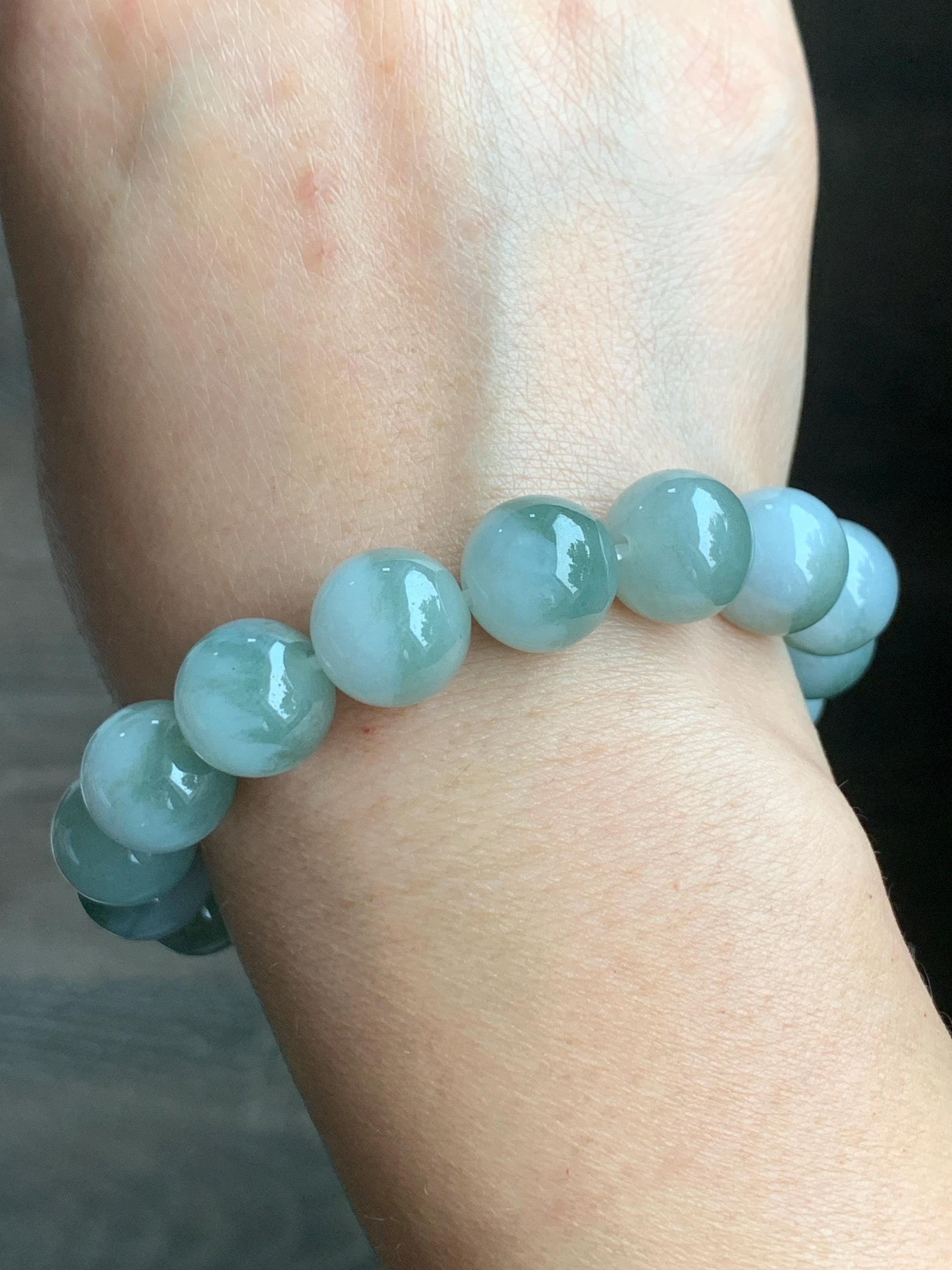 Large Natural Grade A Icy Translucent Bicolored Jadeite Round Beads Mala Beaded Bracelet Stretchy 12.8mm 8” 62g 天然冰白加淡橄榄绿鸳鸯翡翠手串 BSB300