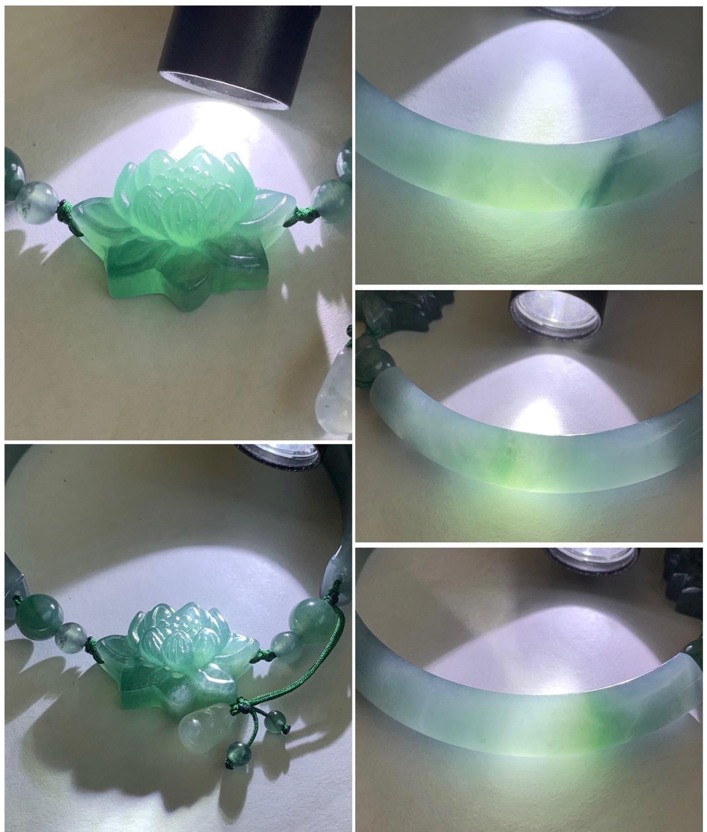 Natural Guatemalan Icy Translucent Dusty Teal Blue Jadeite Open Bangle Bracelet w/ Lotus Flower & Peapod Charms 55.8mm 天然老种冰胶危篮翡翠开口镯 LKZ360