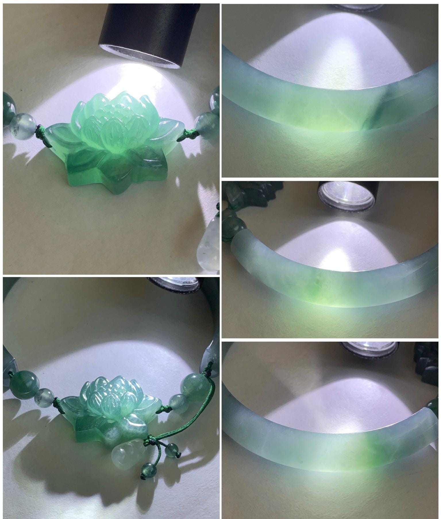 Natural Guatemalan Icy Translucent Dusty Teal Blue Jadeite Open Bangle Bracelet w/ Lotus Flower & Peapod Charms 55.8mm 天然老种冰胶危篮翡翠开口镯 LKZ360