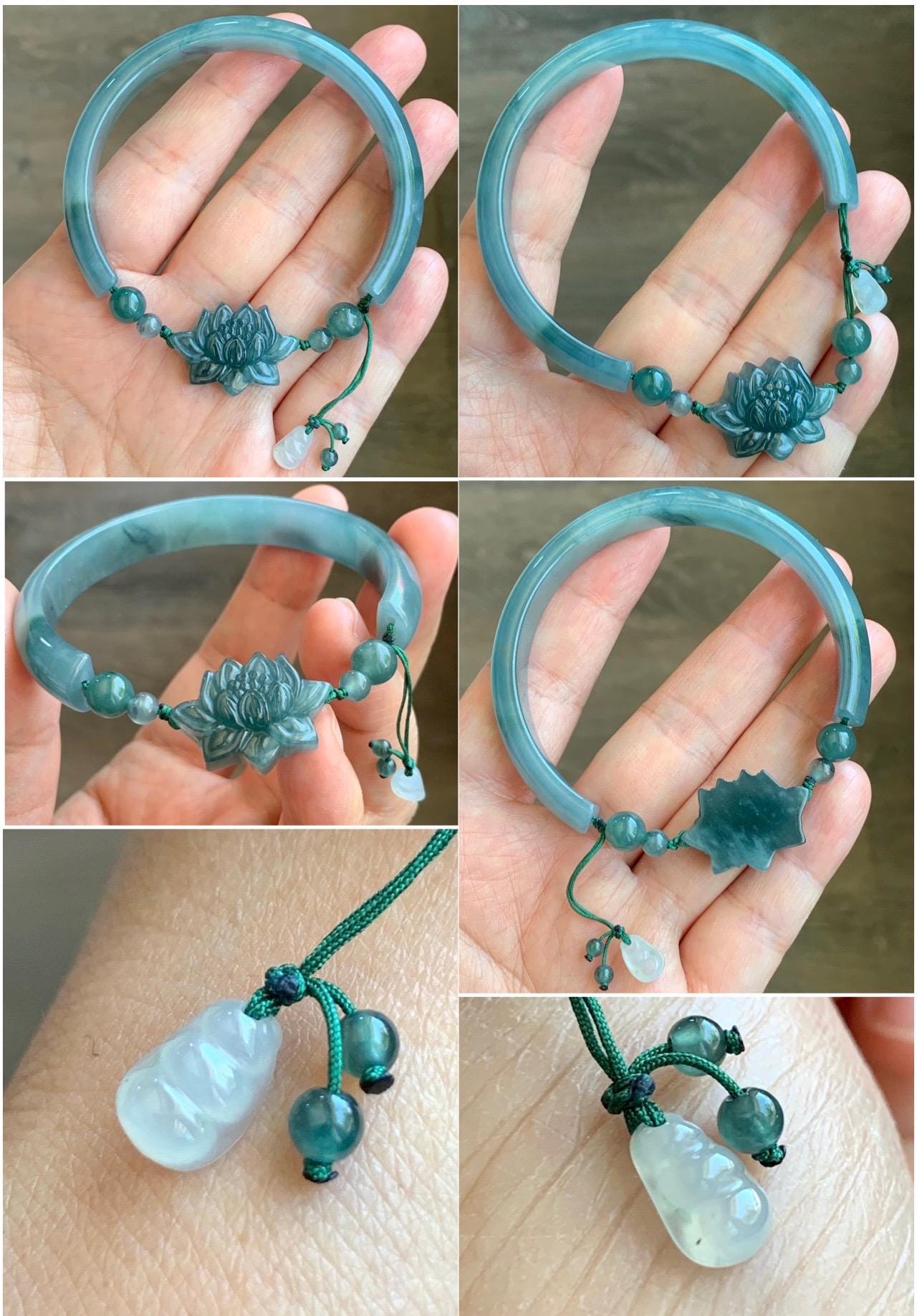 Natural Guatemalan Icy Translucent Dusty Teal Blue Jadeite Open Bangle Bracelet w/ Lotus Flower & Peapod Charms 55.8mm 天然老种冰胶危篮翡翠开口镯 LKZ360
