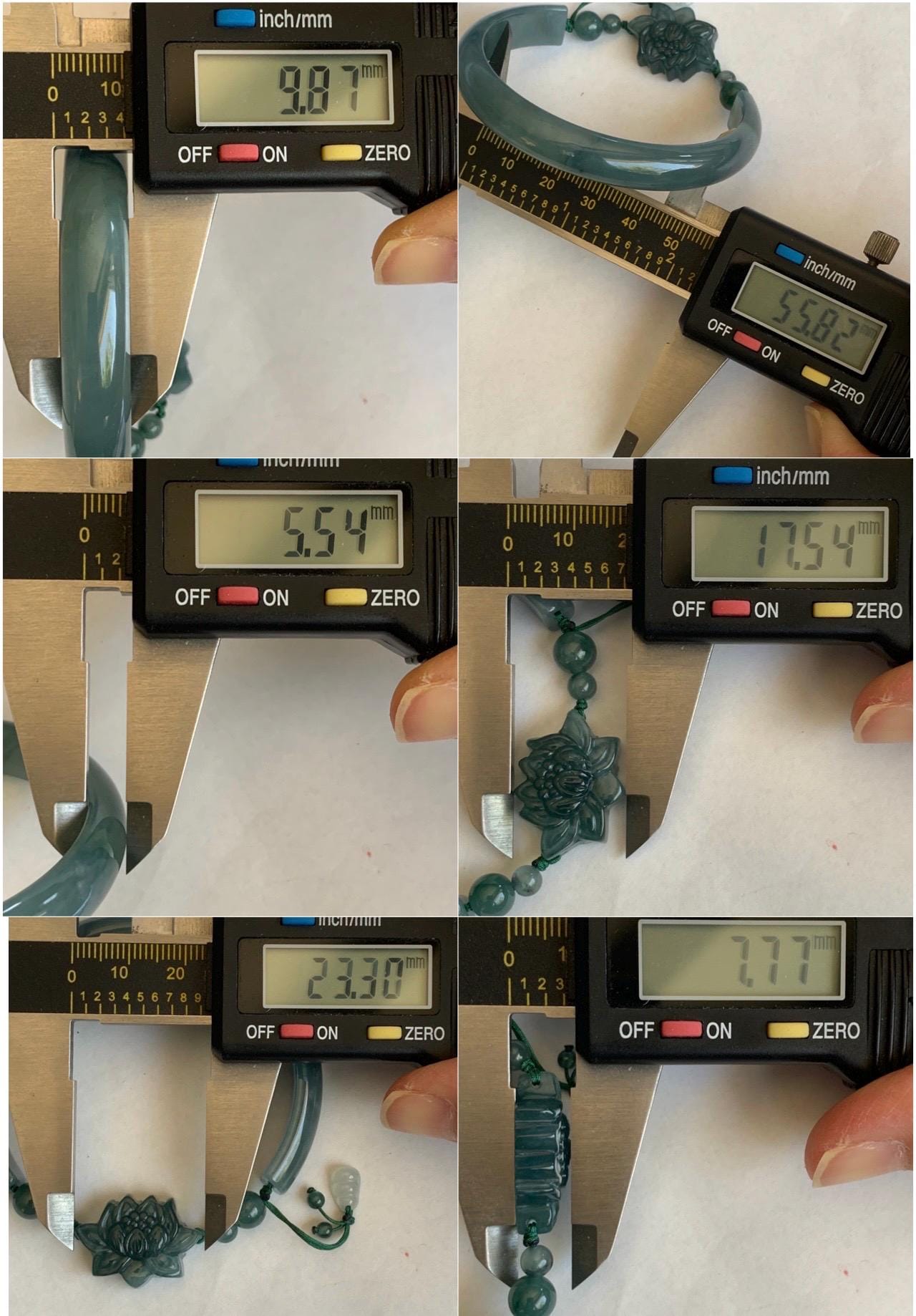 Natural Guatemalan Icy Translucent Dusty Teal Blue Jadeite Open Bangle Bracelet w/ Lotus Flower & Peapod Charms 55.8mm 天然老种冰胶危篮翡翠开口镯 LKZ360