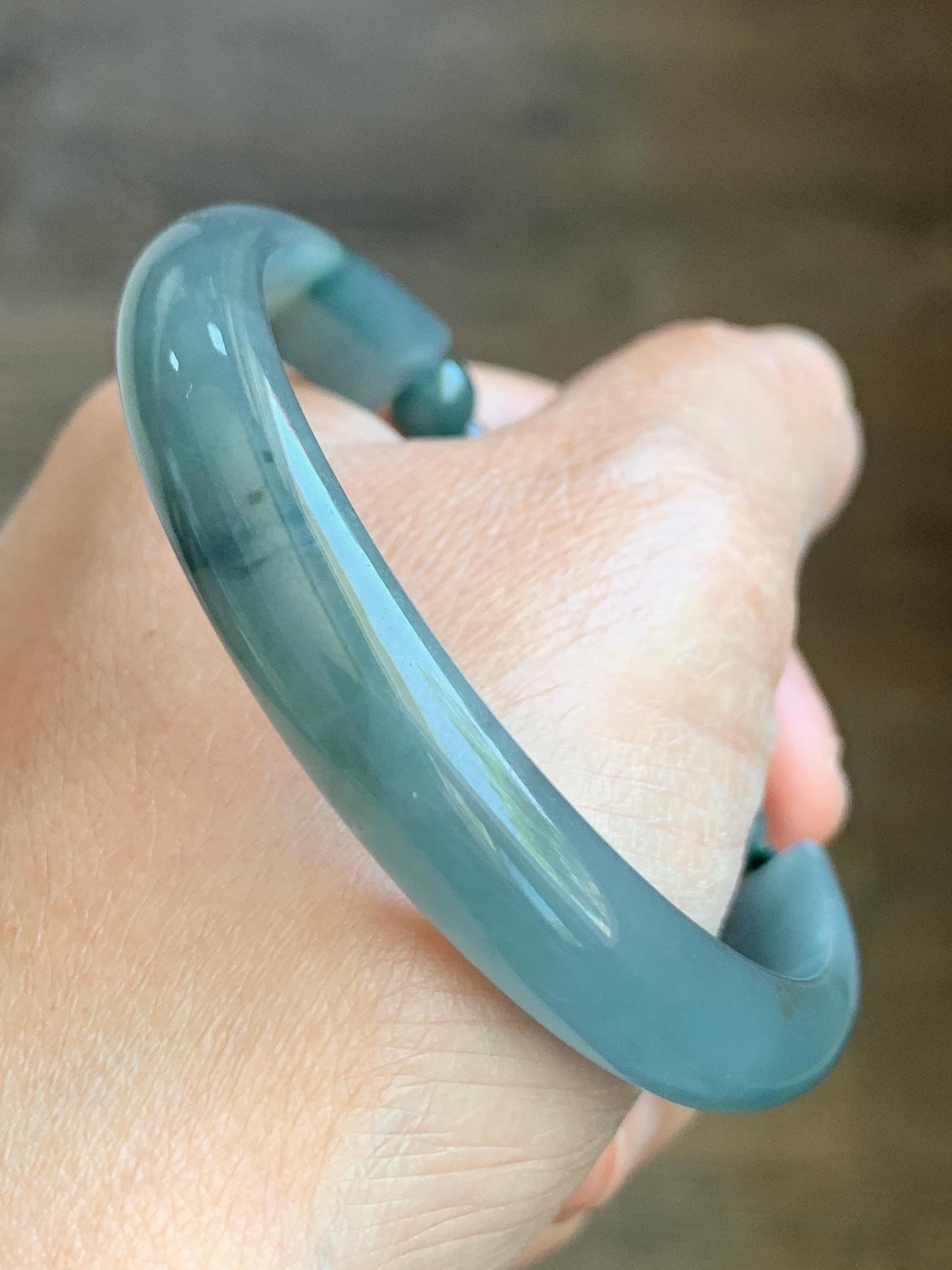 Natural Guatemalan Icy Translucent Dusty Teal Blue Jadeite Open Bangle Bracelet w/ Lotus Flower & Peapod Charms 55.8mm 天然老种冰胶危篮翡翠开口镯 LKZ360
