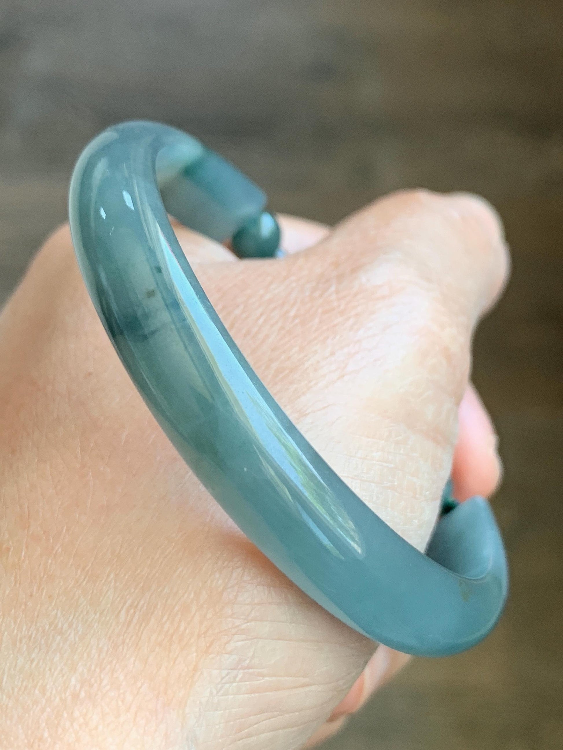 Natural Guatemalan Icy Translucent Dusty Teal Blue Jadeite Open Bangle Bracelet w/ Lotus Flower & Peapod Charms 55.8mm 天然老种冰胶危篮翡翠开口镯 LKZ360