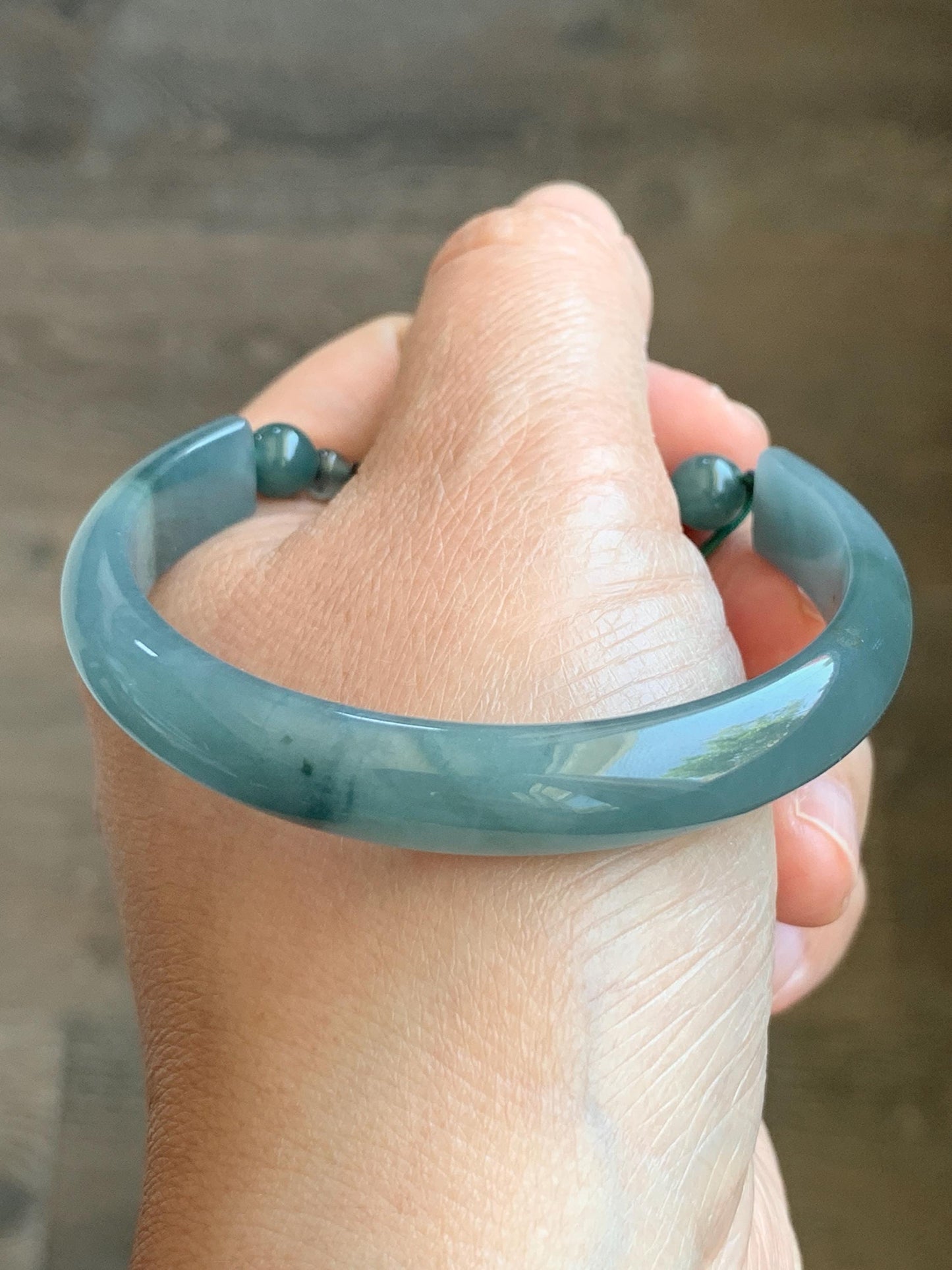Natural Guatemalan Icy Translucent Dusty Teal Blue Jadeite Open Bangle Bracelet w/ Lotus Flower & Peapod Charms 55.8mm 天然老种冰胶危篮翡翠开口镯 LKZ360