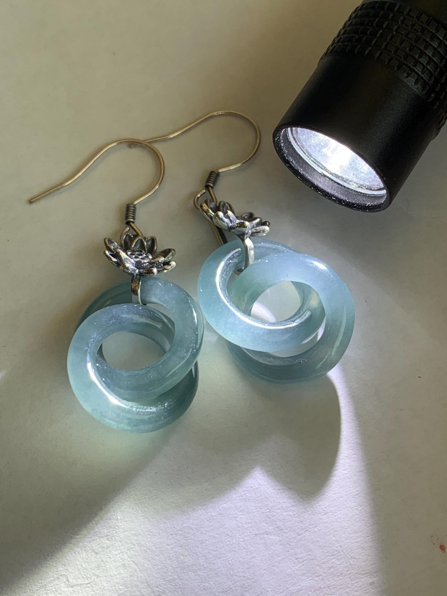 Natural Guatemalan Icy Translucent Gelatinous Dusty Blue Jade Jadeite Interlocking Rings Earrings Sterling Silver 天然冰危蓝翡翠环环相扣耳吊 HHK179