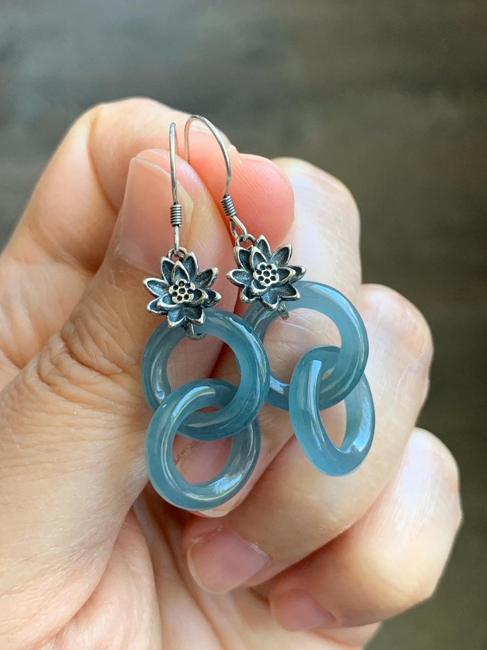 Natural Guatemalan Icy Translucent Gelatinous Dusty Blue Jade Jadeite Interlocking Rings Earrings Sterling Silver 天然冰危蓝翡翠环环相扣耳吊 HHK179