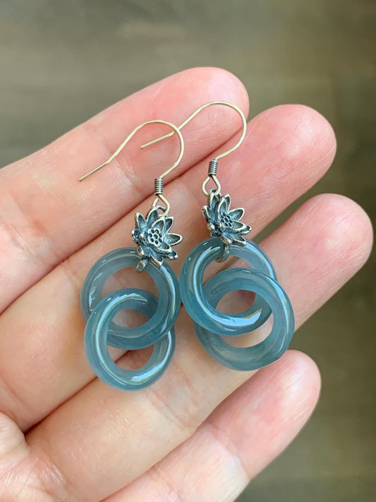 Natural Guatemalan Icy Translucent Gelatinous Dusty Blue Jade Jadeite Interlocking Rings Earrings Sterling Silver 天然冰危蓝翡翠环环相扣耳吊 HHK179