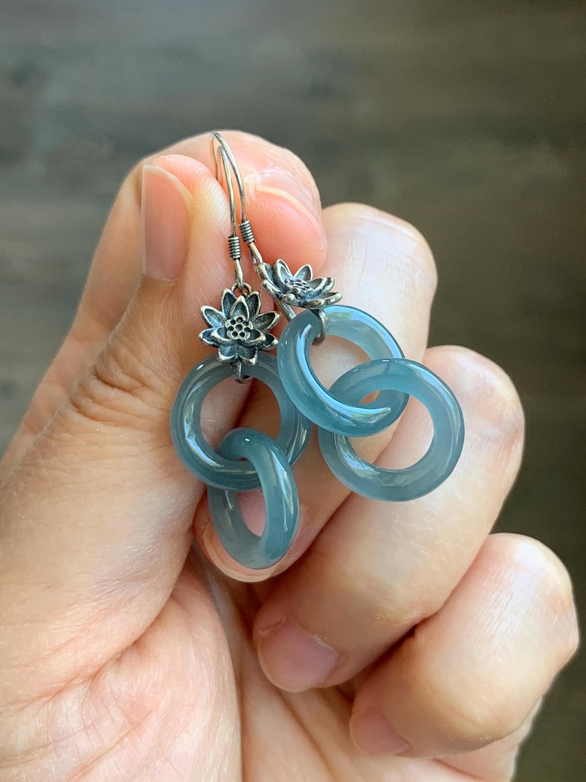 Natural Guatemalan Icy Translucent Gelatinous Dusty Blue Jade Jadeite Interlocking Rings Earrings Sterling Silver 天然冰危蓝翡翠环环相扣耳吊 HHK179