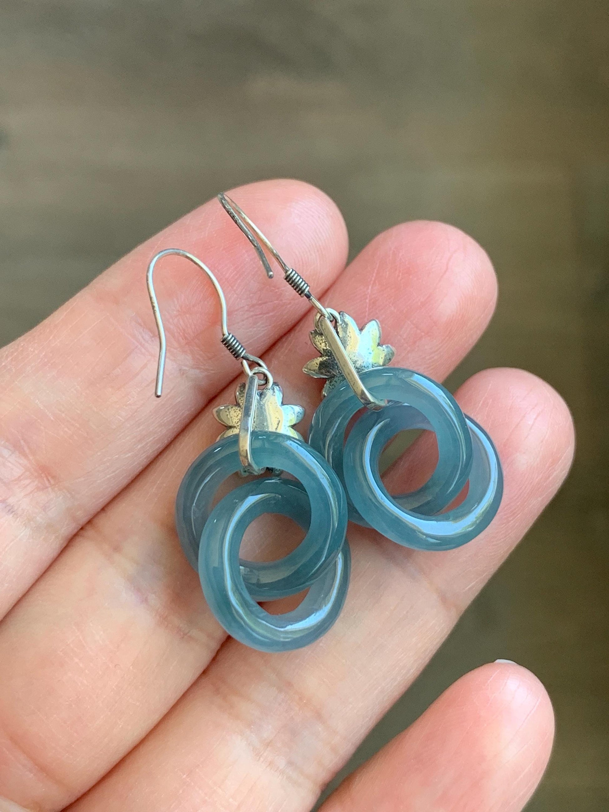 Natural Guatemalan Icy Translucent Gelatinous Dusty Blue Jade Jadeite Interlocking Rings Earrings Sterling Silver 天然冰危蓝翡翠环环相扣耳吊 HHK179