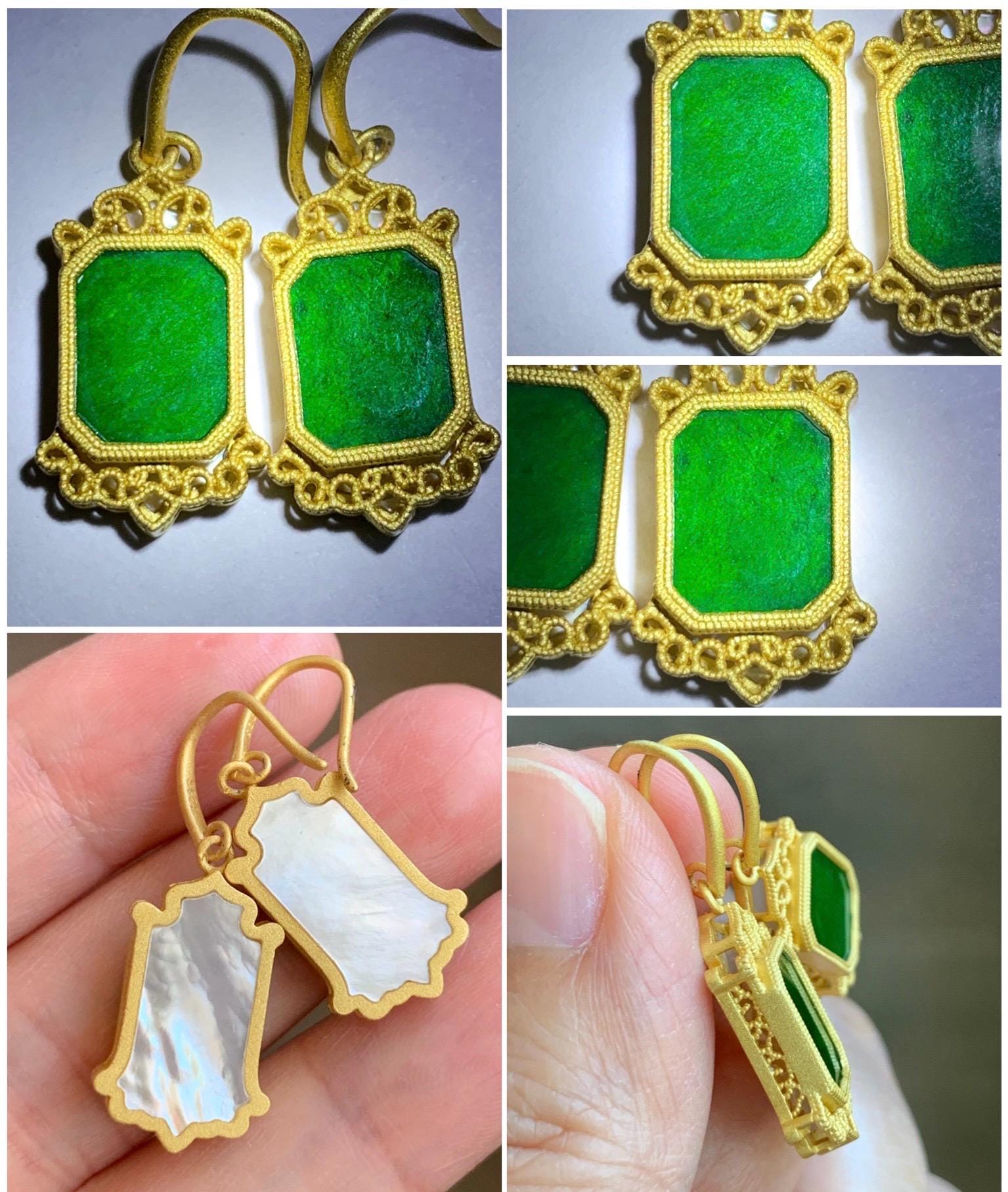 Natural Grade A Icy Vibrant Hot Green Jade Jadeite MOP Dangle Hook Earrings S925 Sterling Silver Yellow Gold Overlay 天然花青翡翠银镶耳钩 HQF350