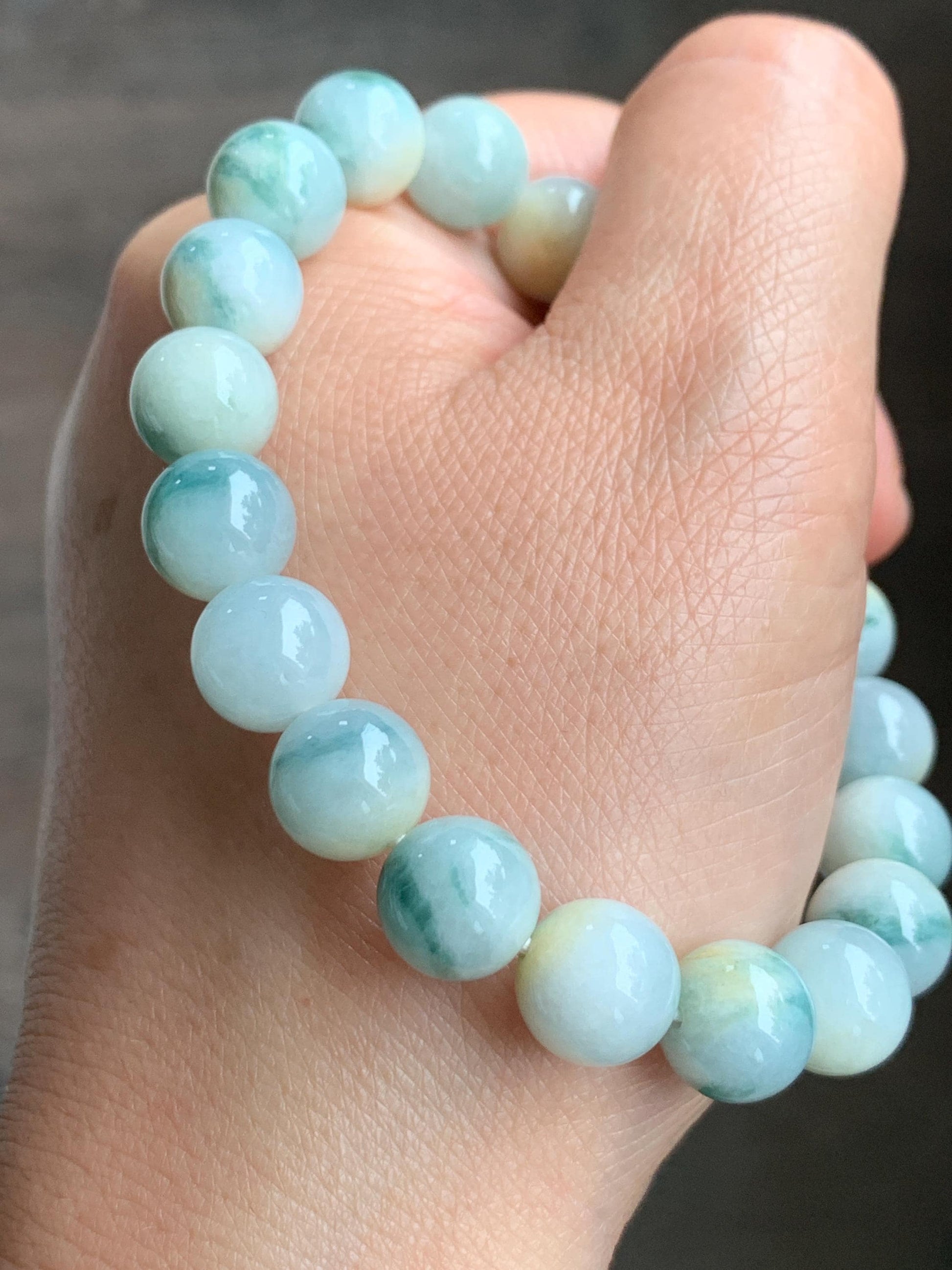 Natural Grade A Icy Translucent Teal Green & Yellow Marbled Tricolored Jade Jadeite Beaded Bracelet 10mm 7.25" 34g 天然糯冰三彩珠翡翠手串 SCZ220