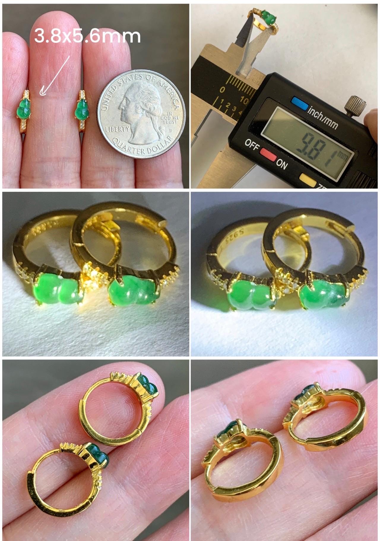 Natural Guatemalan Icy Translucent Vibrant Green Gourd Jadeite Hoop Huggie Earrings Sterling Silver Yellow Gold Overlay 天然冰危绿翡翠葫芦银镶耳包 XHL68