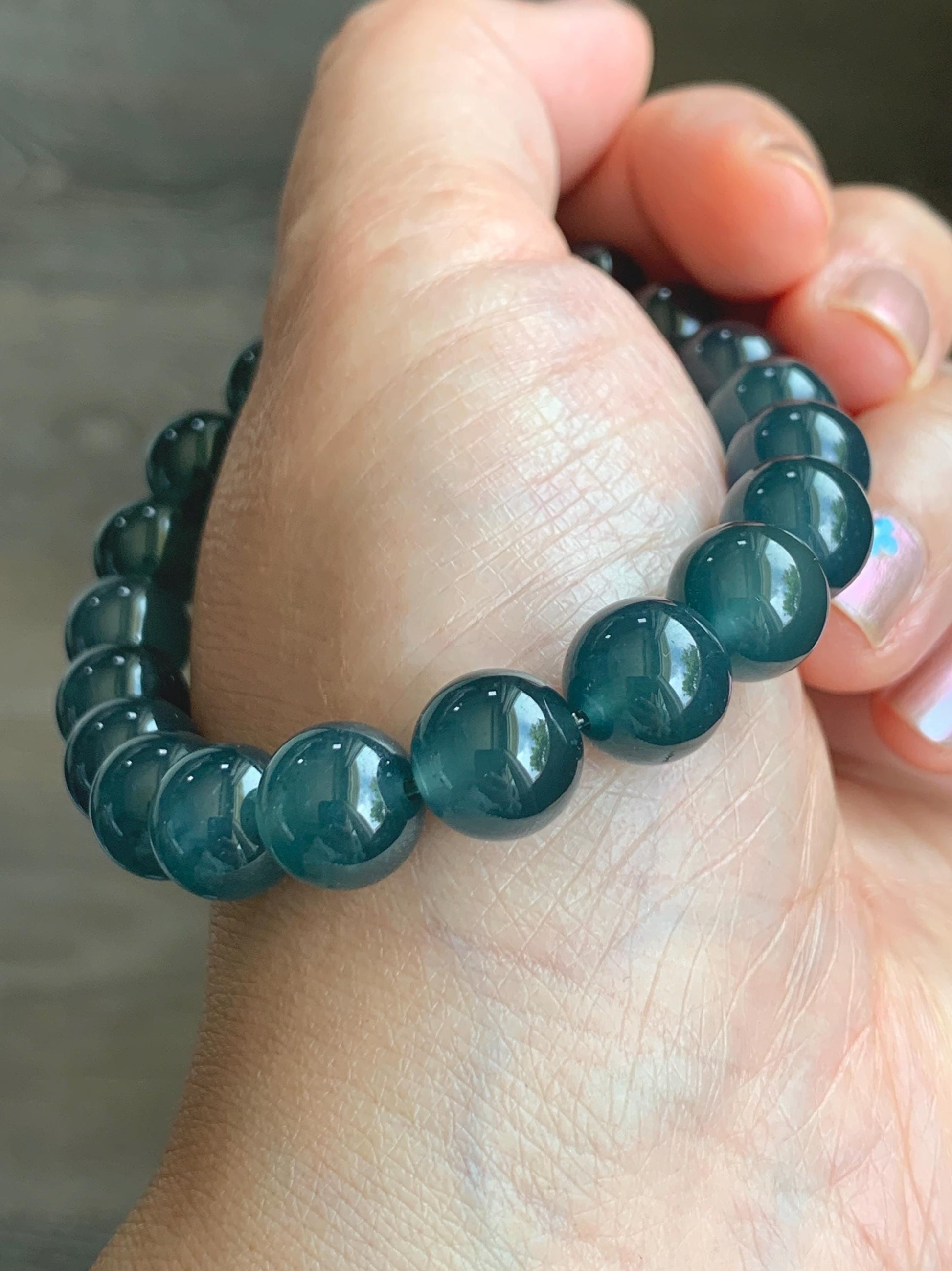Certified Natural Grade A Guatemalan Premium Icy Translucent Dark Teal Blue Jade Jadeite Beaded Bracelet 10mm 7.25” 35g 天然老种冰危深蓝翡翠大卡手串 9962