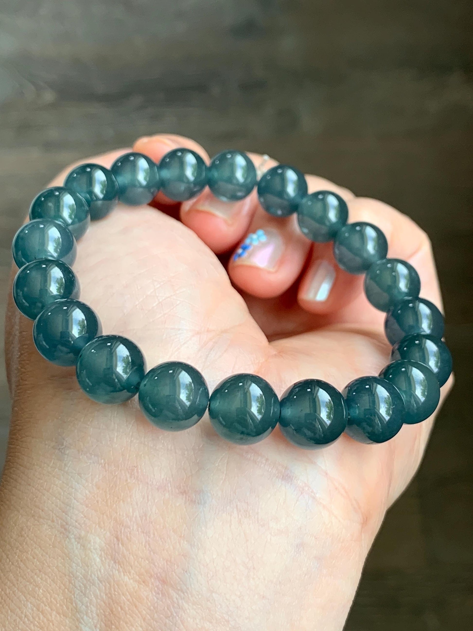 Certified Natural Grade A Guatemalan Premium Icy Translucent Dark Teal Blue Jade Jadeite Beaded Bracelet 10mm 7.25” 35g 天然老种冰危深蓝翡翠大卡手串 9962
