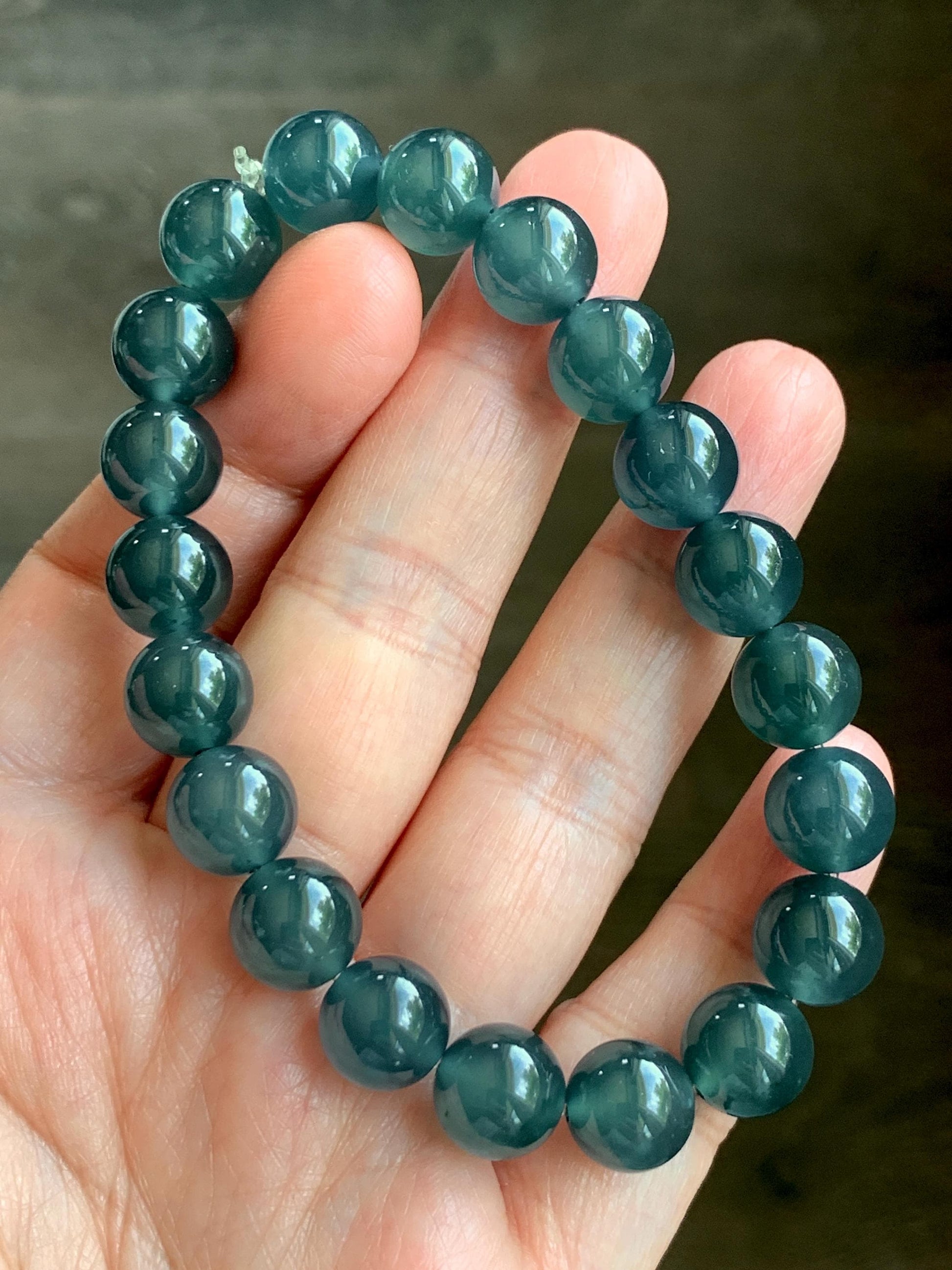Certified Natural Grade A Guatemalan Premium Icy Translucent Dark Teal Blue Jade Jadeite Beaded Bracelet 10mm 7.25” 35g 天然老种冰危深蓝翡翠大卡手串 9962
