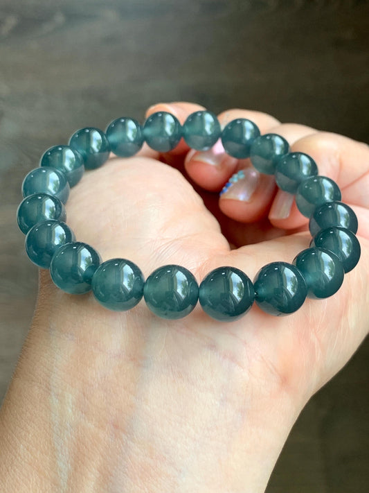 Certified Natural Grade A Guatemalan Premium Icy Translucent Dark Teal Blue Jade Jadeite Beaded Bracelet 10mm 7.25” 35g 天然老种冰危深蓝翡翠大卡手串 9962