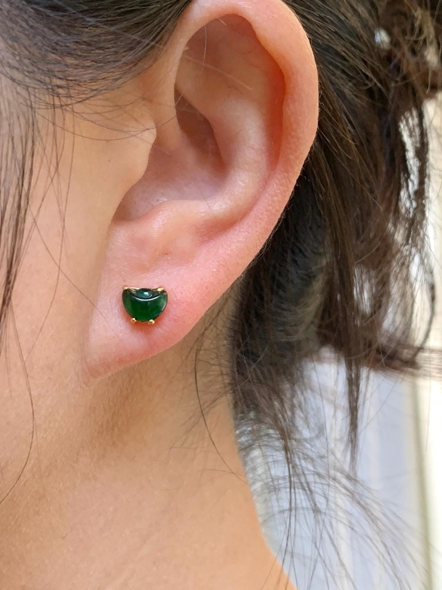 Petite Natural Grade A Guatemalan Icy Translucent Green Jade Jadeite Carved Gold Ingot Stud Earrings Sterling Silver YG 天然冰危绿翡翠元宝耳钉 WYB68
