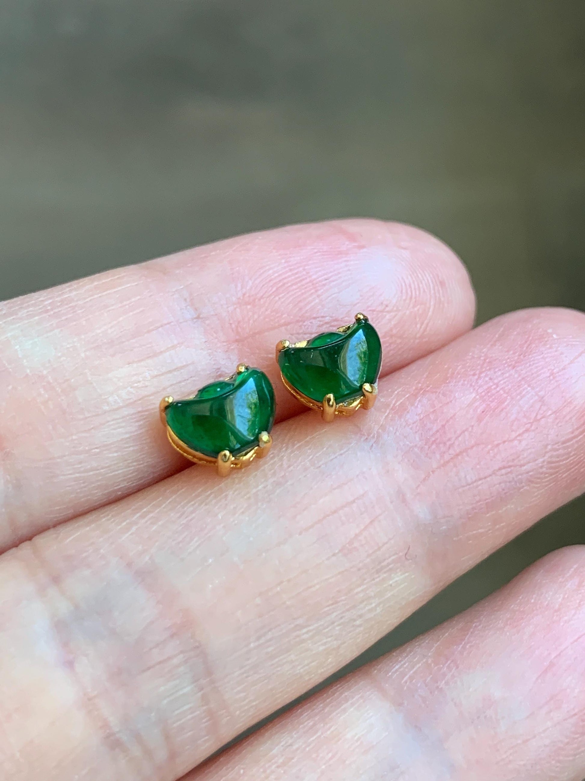 Petite Natural Grade A Guatemalan Icy Translucent Green Jade Jadeite Carved Gold Ingot Stud Earrings Sterling Silver YG 天然冰危绿翡翠元宝耳钉 WYB68
