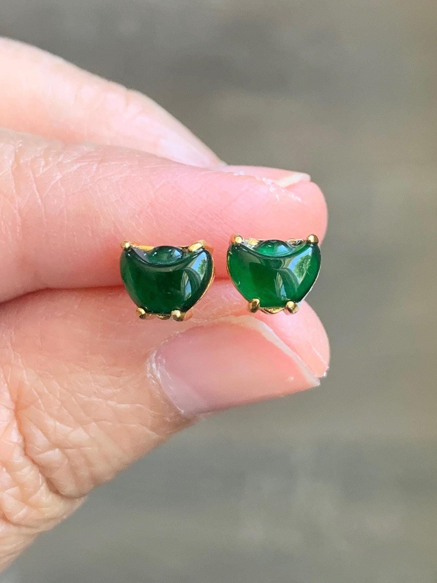Petite Natural Grade A Guatemalan Icy Translucent Green Jade Jadeite Carved Gold Ingot Stud Earrings Sterling Silver YG 天然冰危绿翡翠元宝耳钉 WYB68