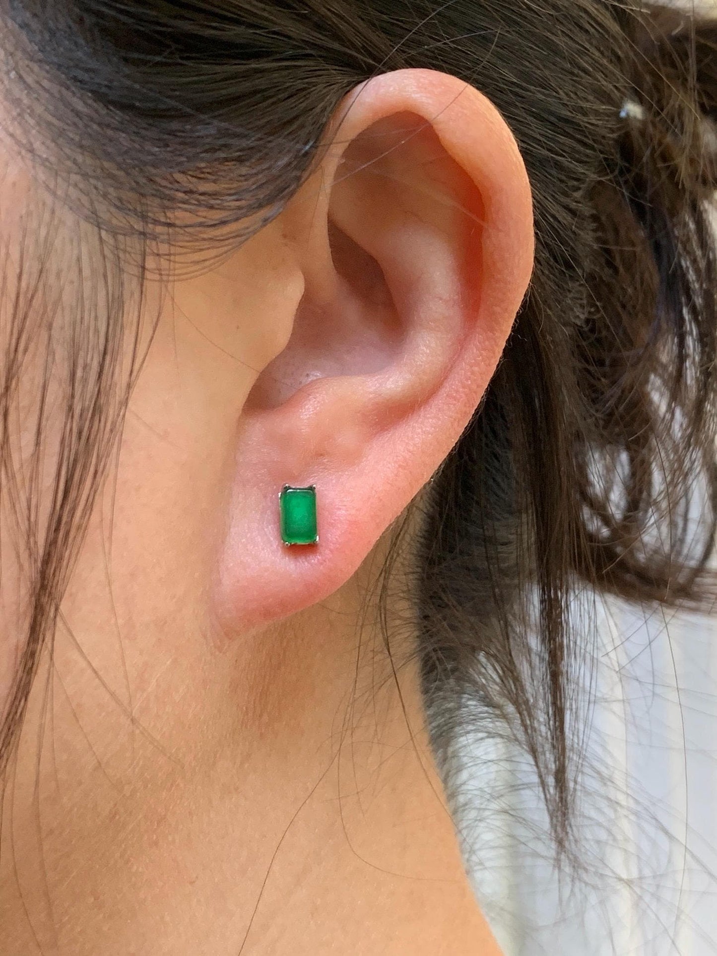 Natural Grade A Guatemalan Icy Translucent Vibrant Green Jade Jadeite Rectangle Cabochon Stud Earrings Sterling Silver 天然冰危绿翡翠银镶耳钉 XFT55-Y