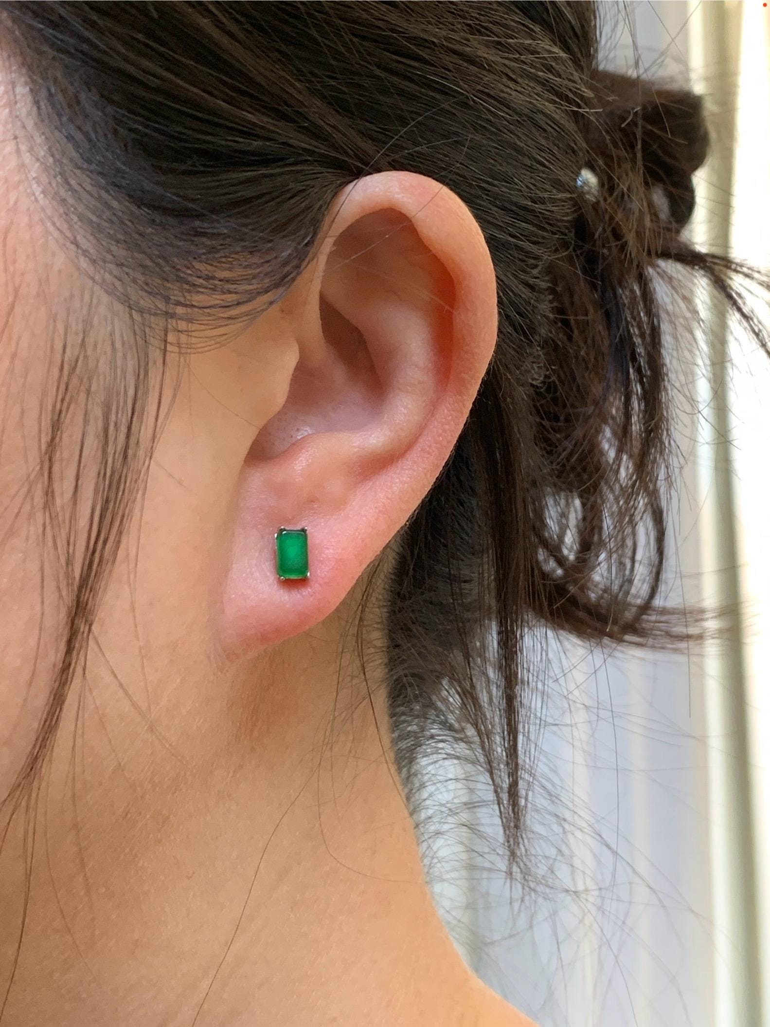 Natural Grade A Guatemalan Icy Translucent Vibrant Green Jade Jadeite Rectangle Cabochon Stud Earrings Sterling Silver 天然冰危绿翡翠银镶耳钉 XFT55-Y