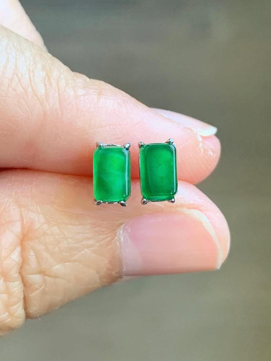 Natural Grade A Guatemalan Icy Translucent Vibrant Green Jade Jadeite Rectangle Cabochon Stud Earrings Sterling Silver 天然冰危绿翡翠银镶耳钉 XFT55-Y